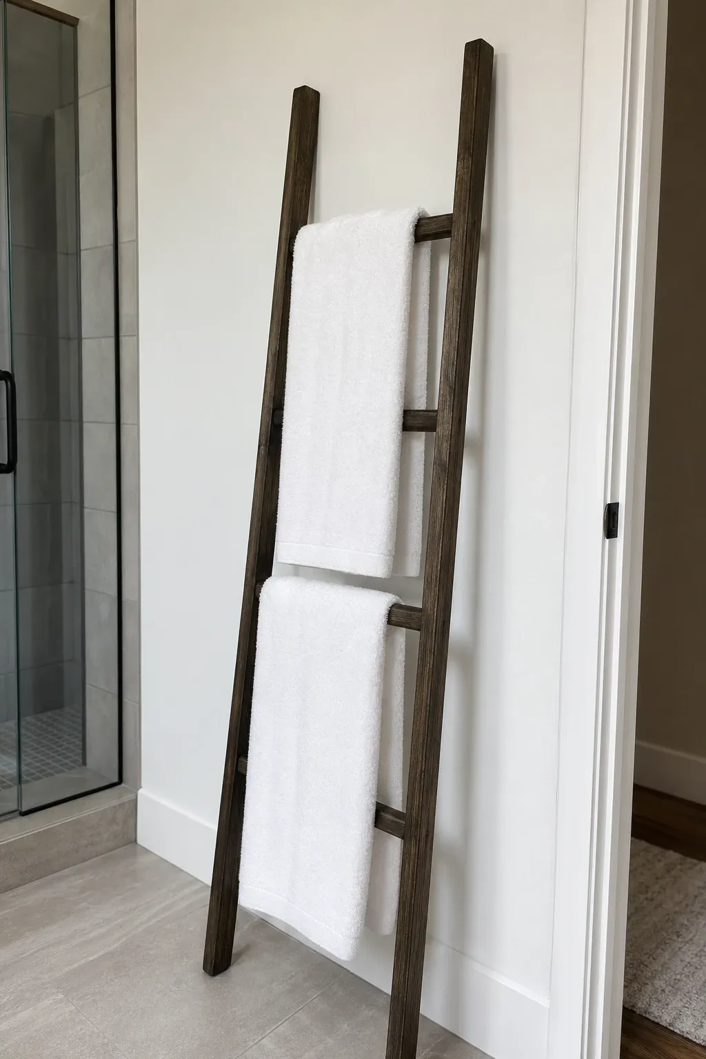 vertical ladder towel rack in a bathroom