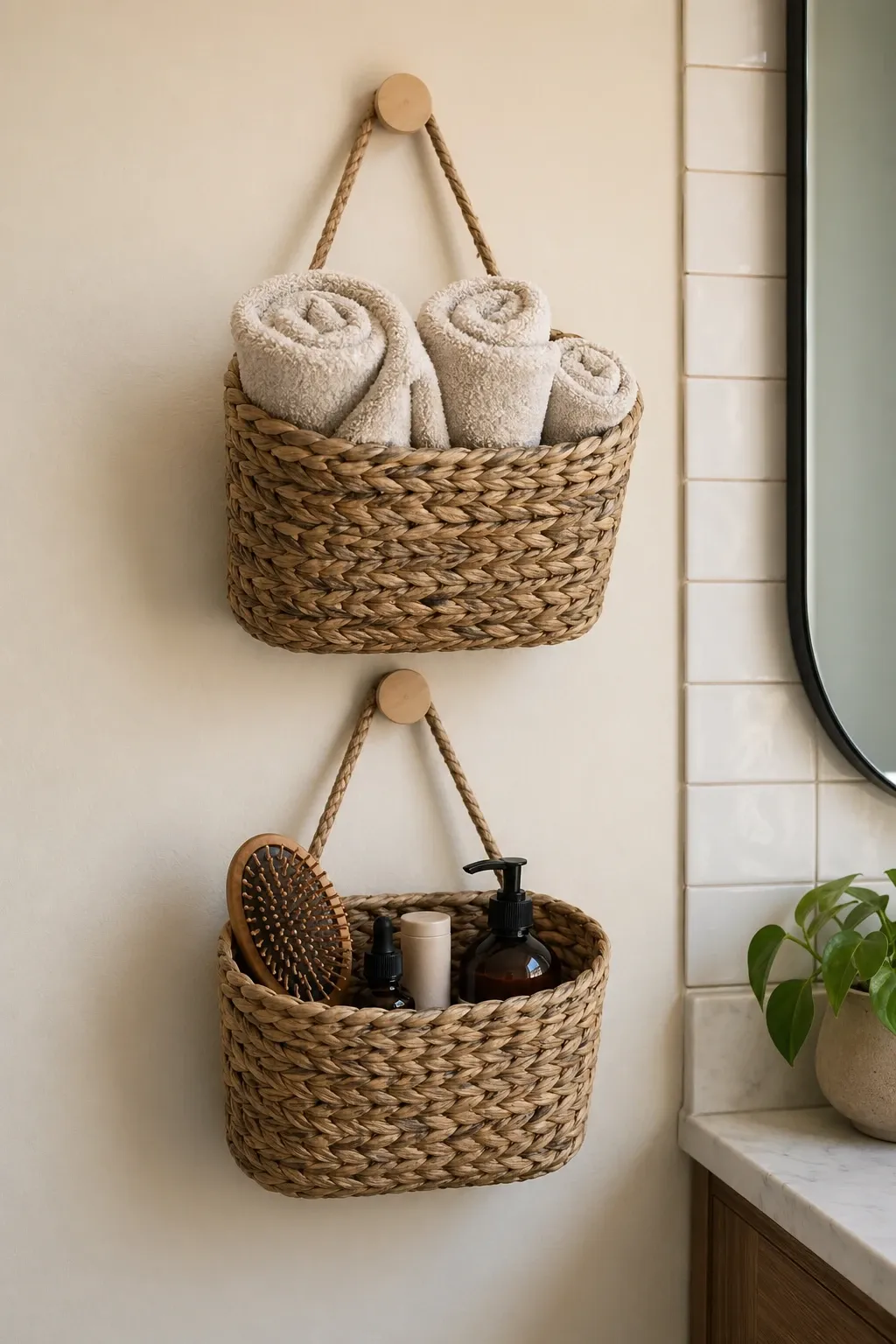 woven hanging baskets in a bathroom