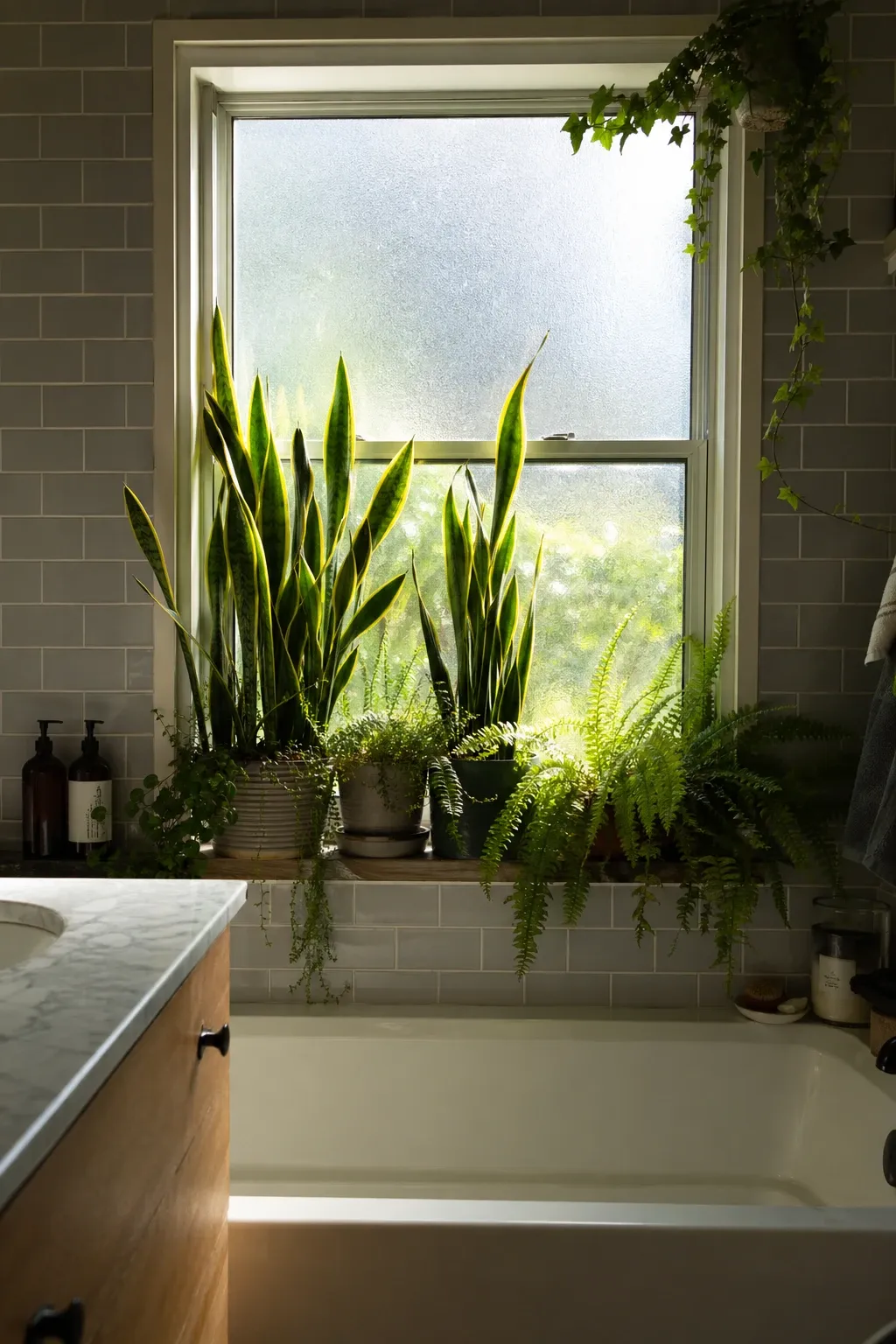roman shade in moisture-safe fabric in a bathroom