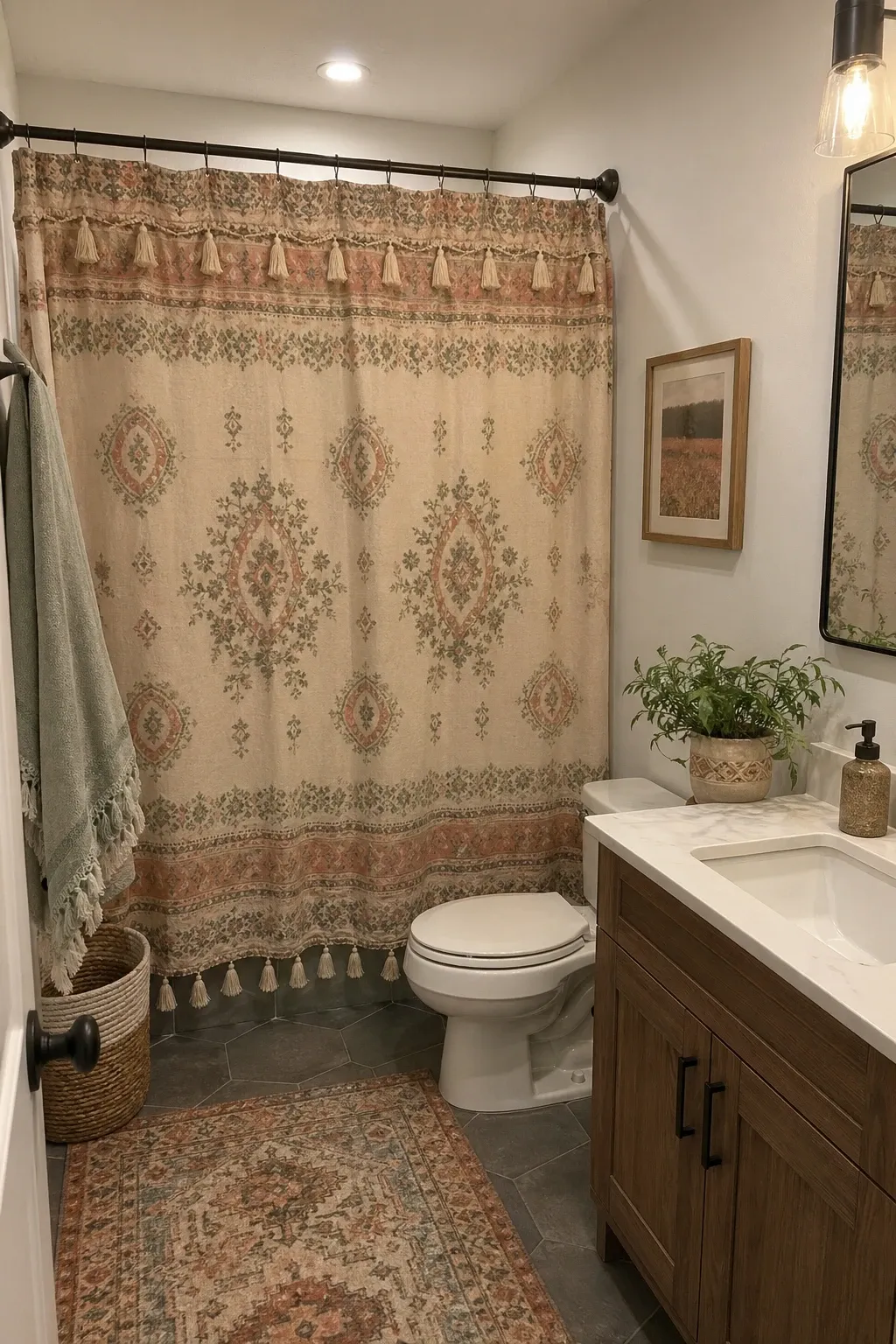 curved shower rod in a bathroom