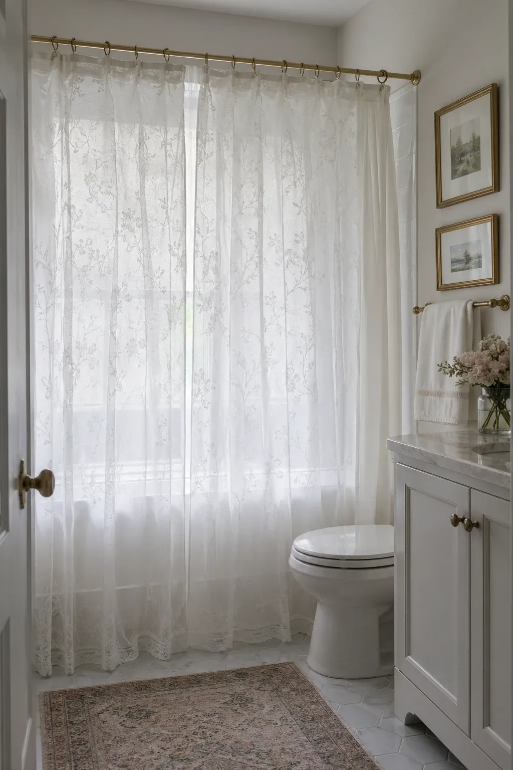 sheer curtain with waterproof liner in a bathroom
