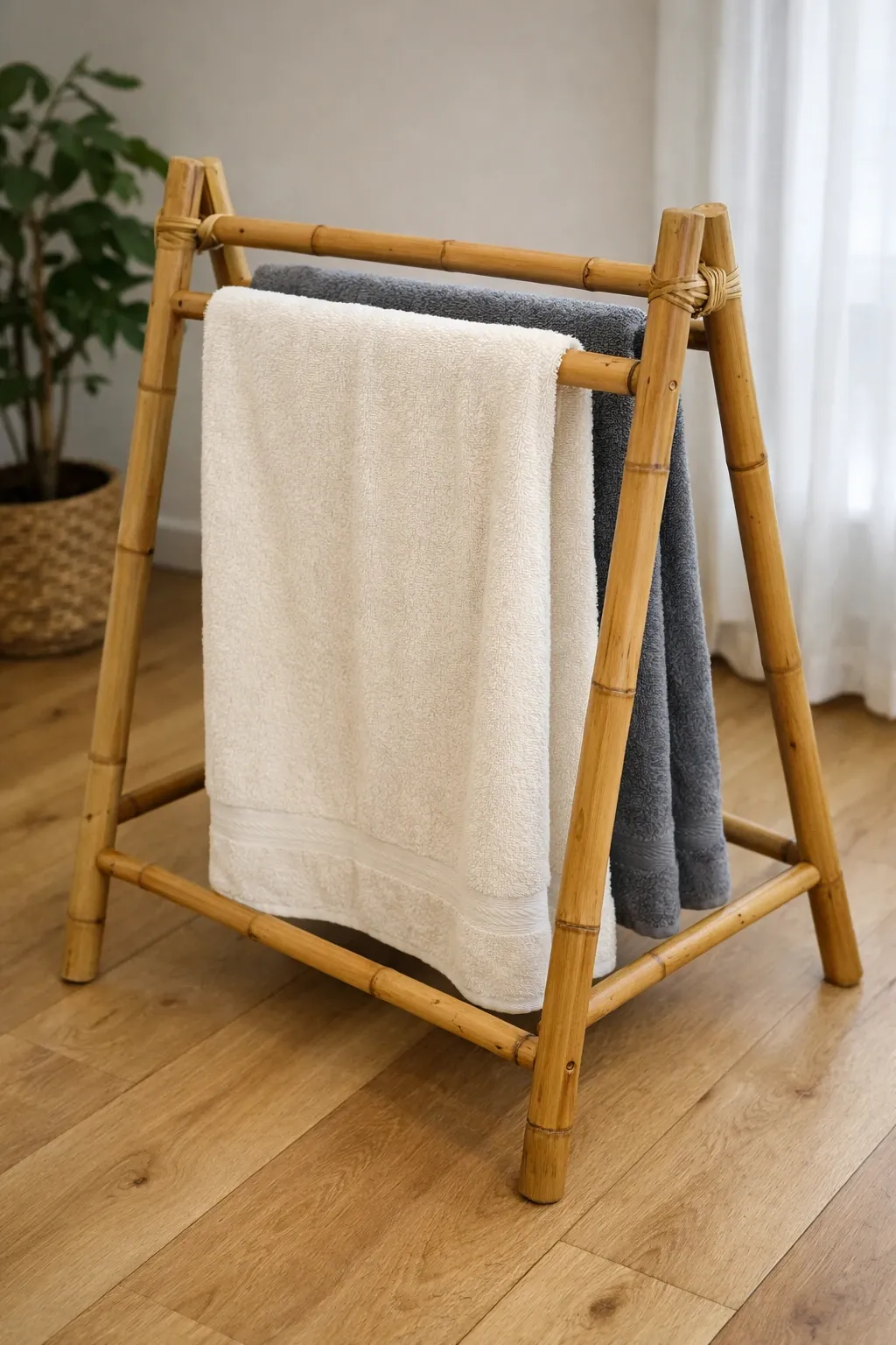 bamboo freestanding a-frame in a bathroom