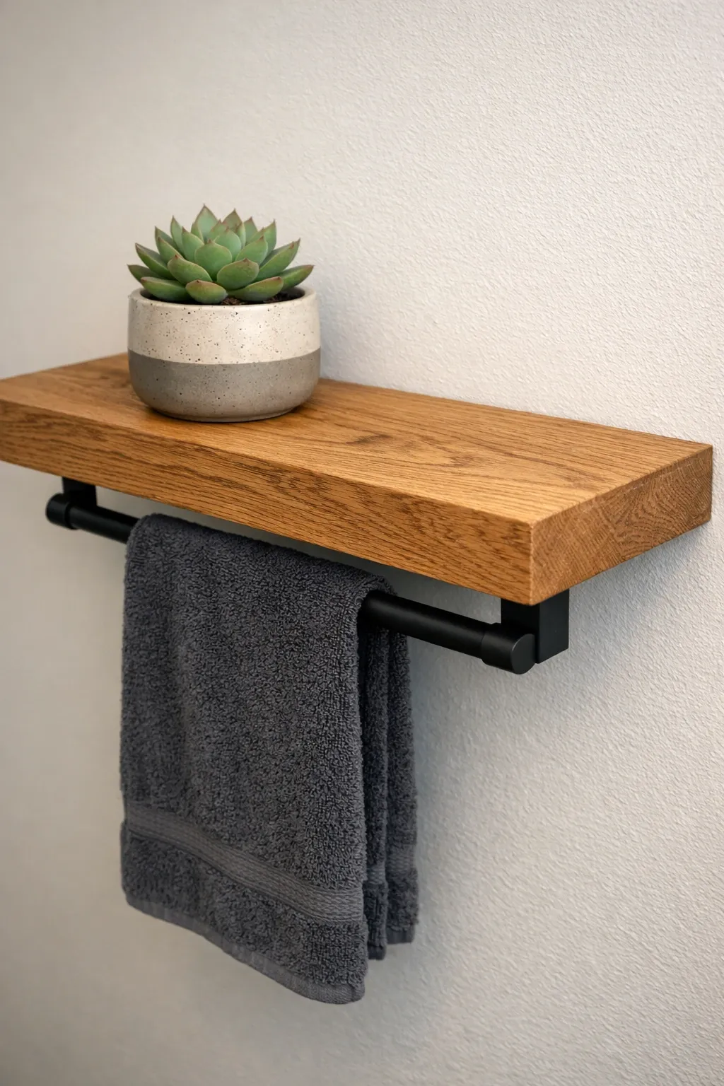 floating timber shelf with bar in a bathroom