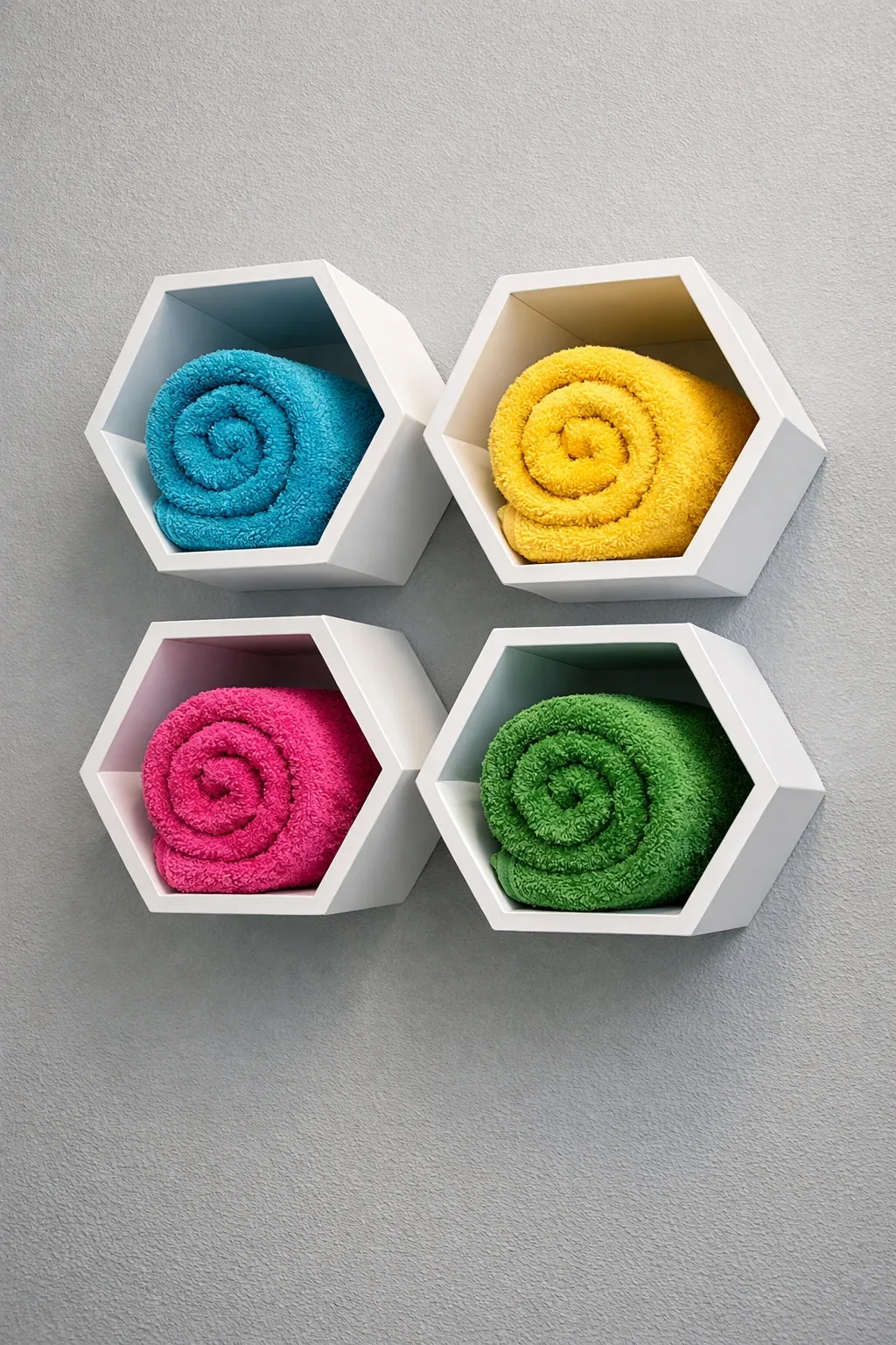 geometric honeycomb cubbies in a bathroom