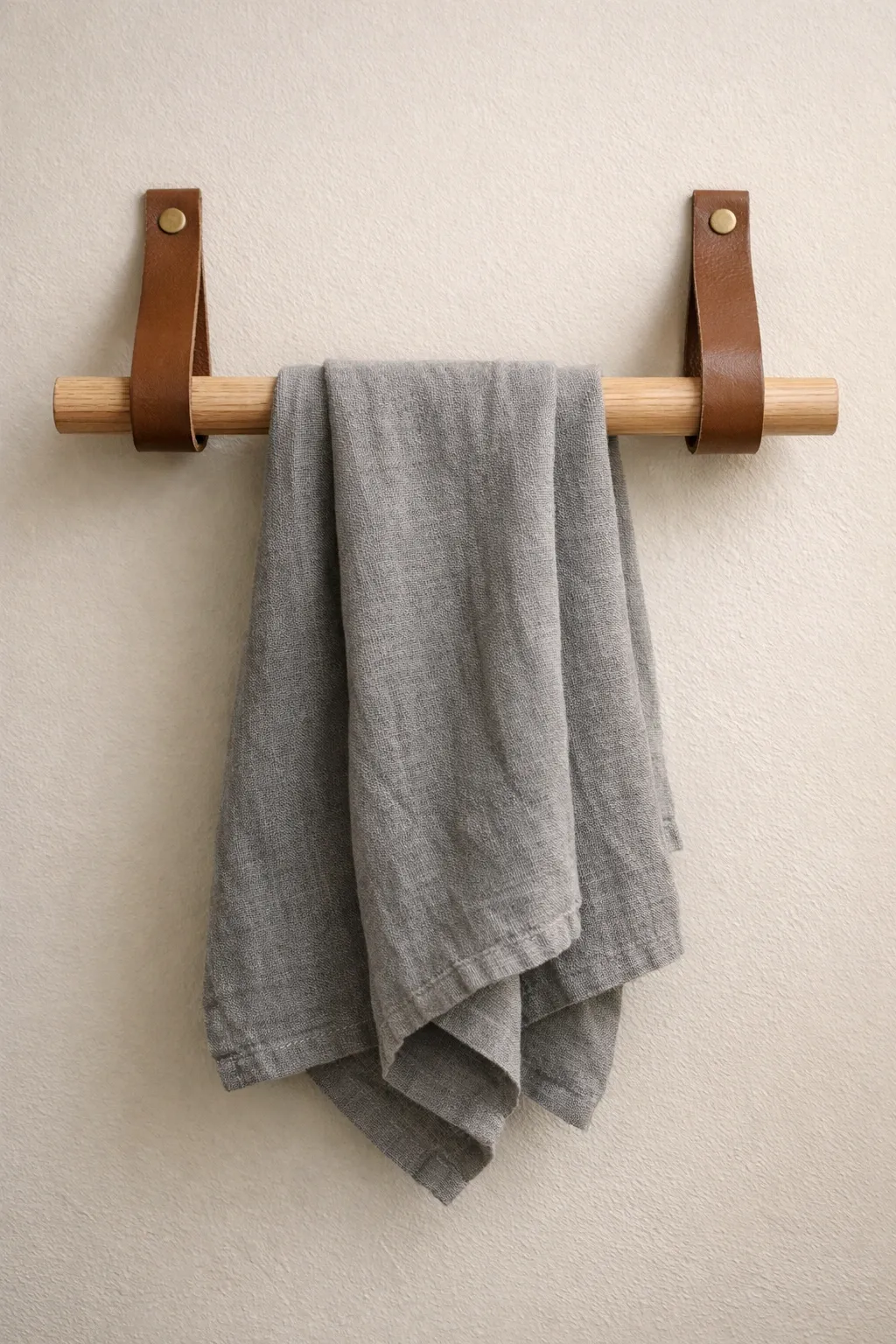 leather strap and dowel holder in a bathroom