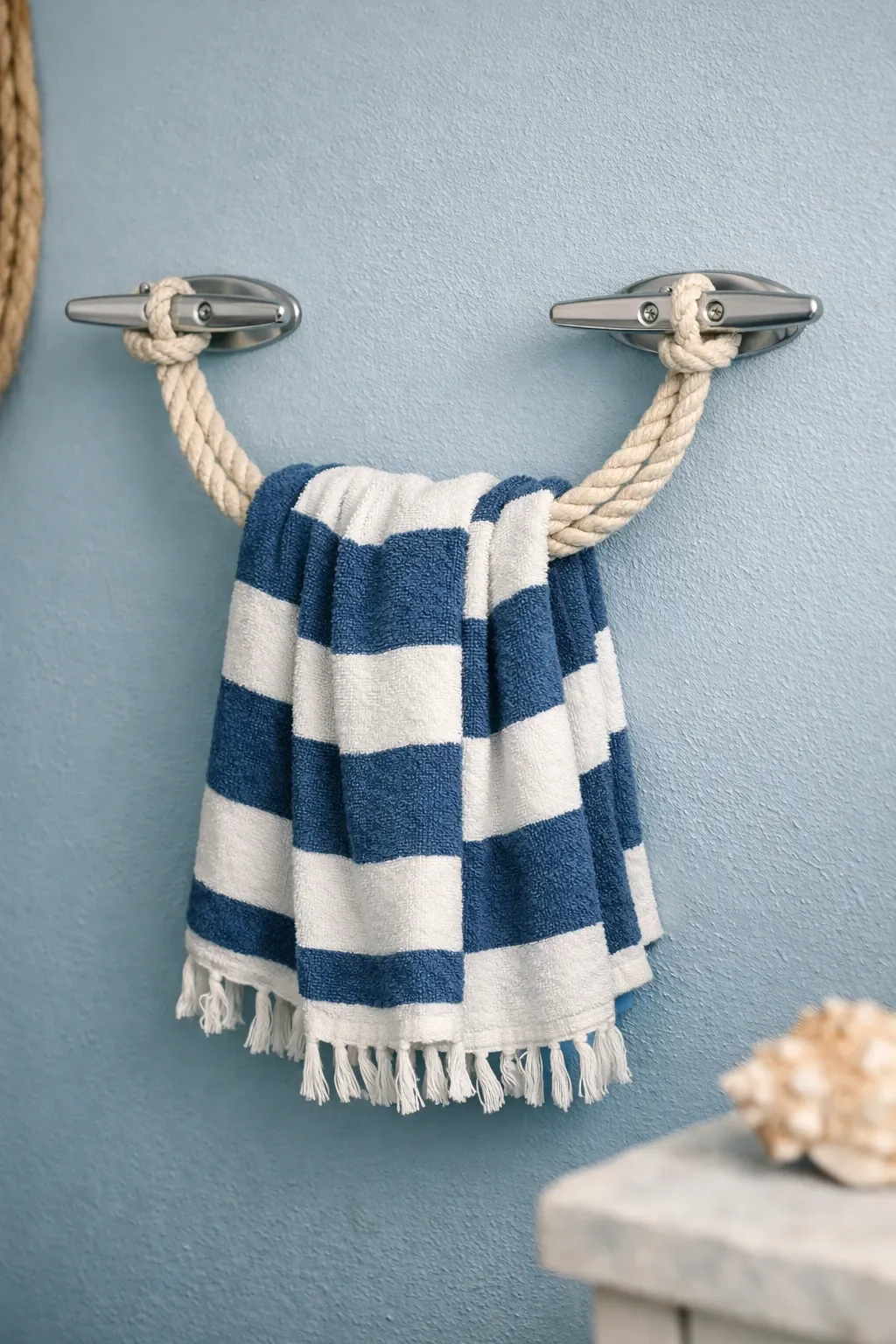 nautical rope and cleat holder in a bathroom
