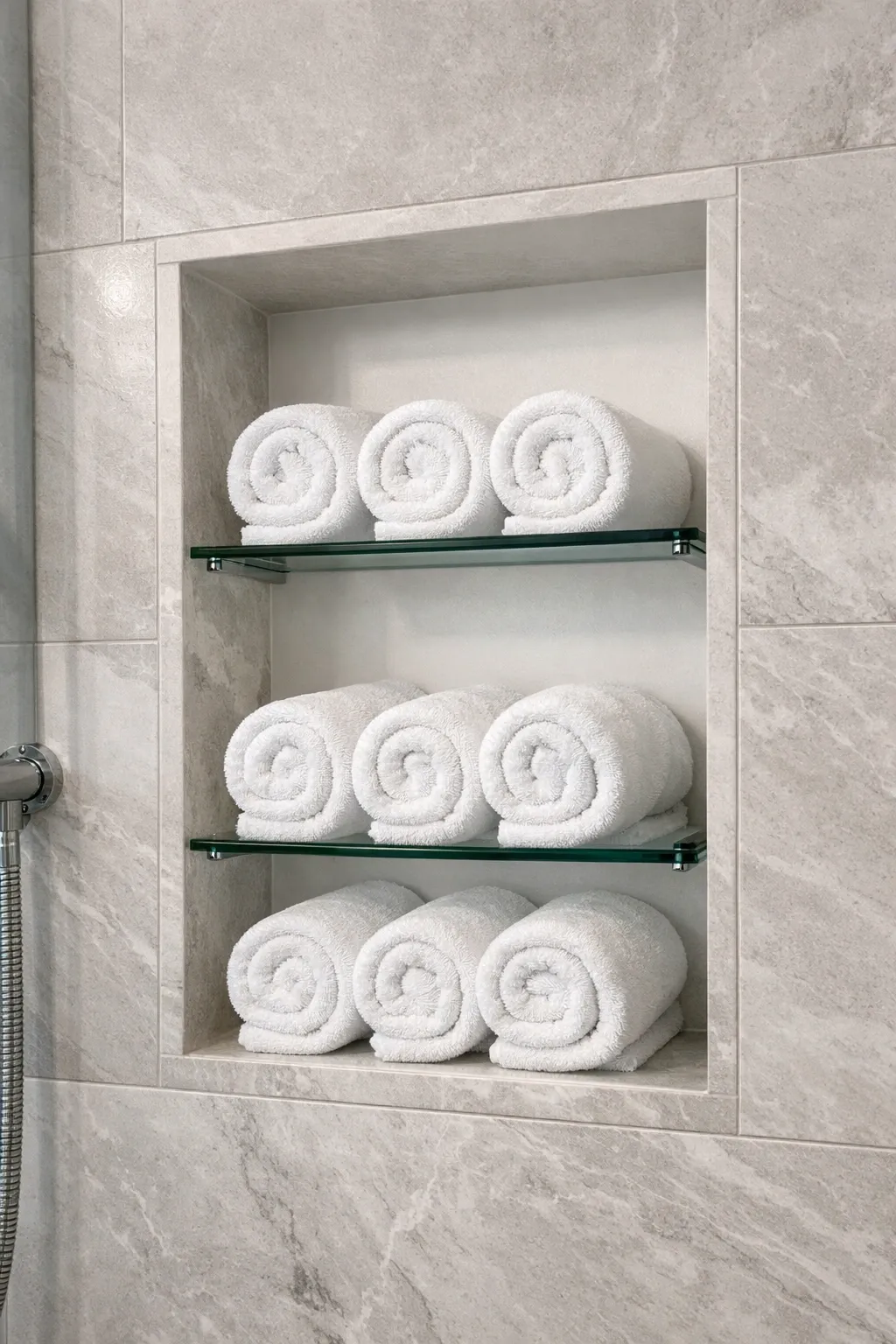 recessed wall niche with glass shelves in a bathroom