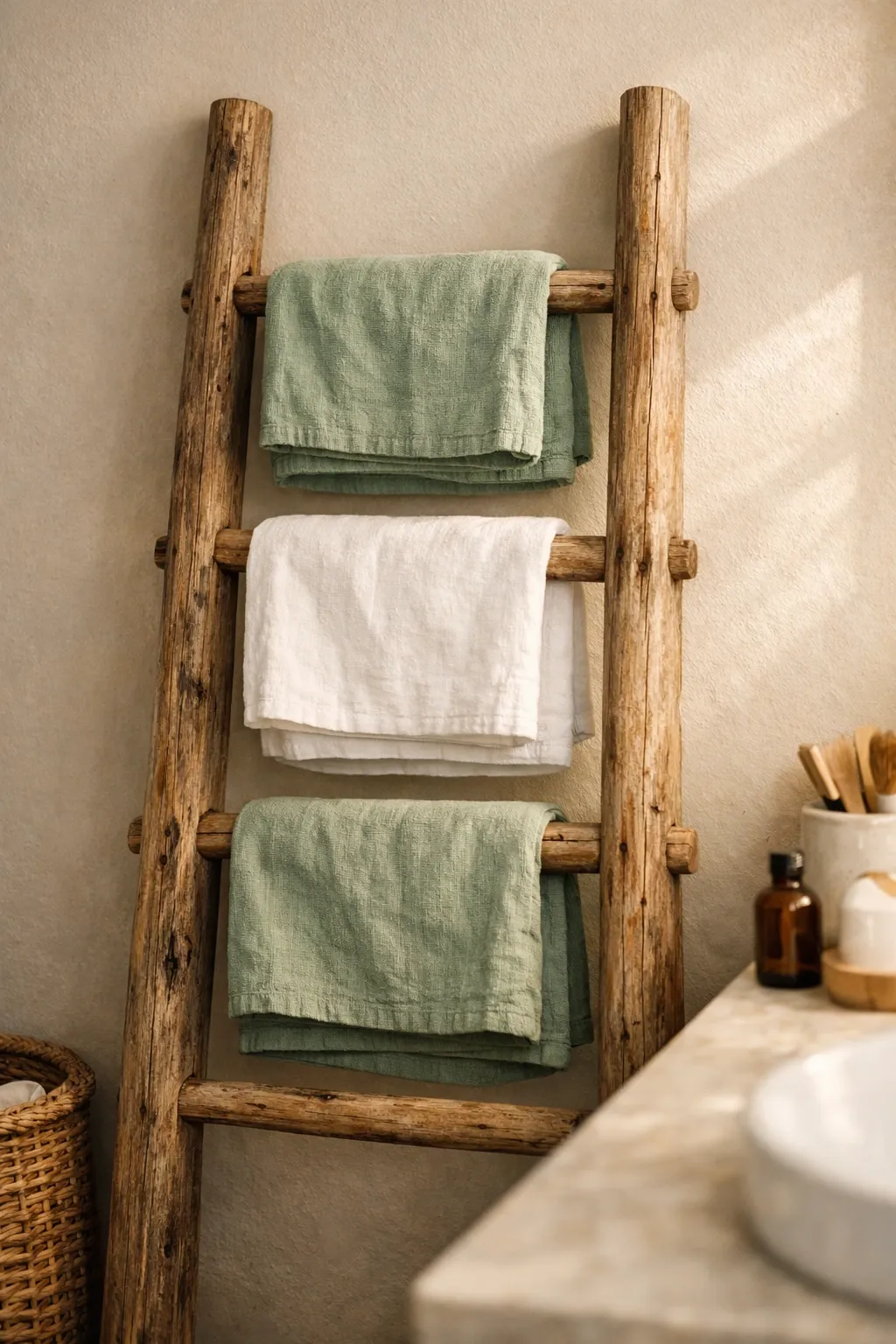 repurposed wooden ladder in a bathroom