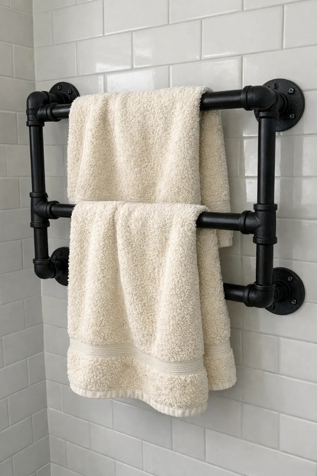 the industrial pipe rack in a bathroom