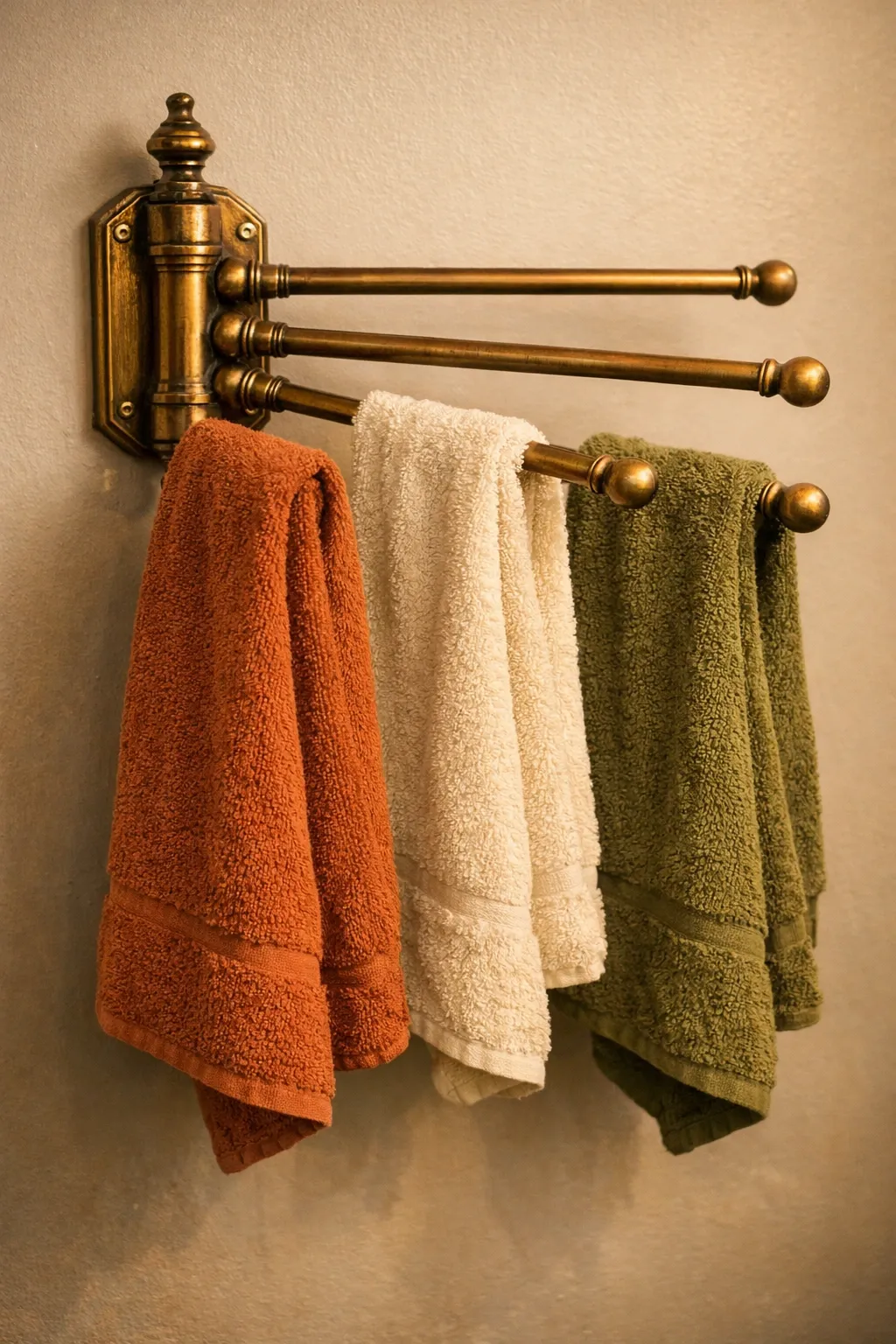 vintage brass swing-arm rack in a bathroom