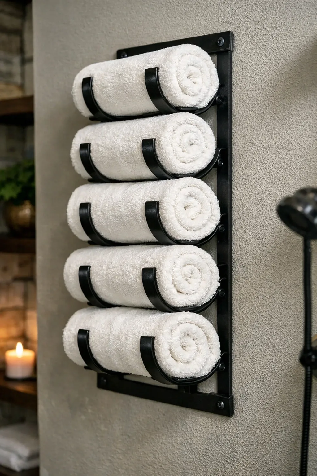 wine rack repurposed for towels in a bathroom
