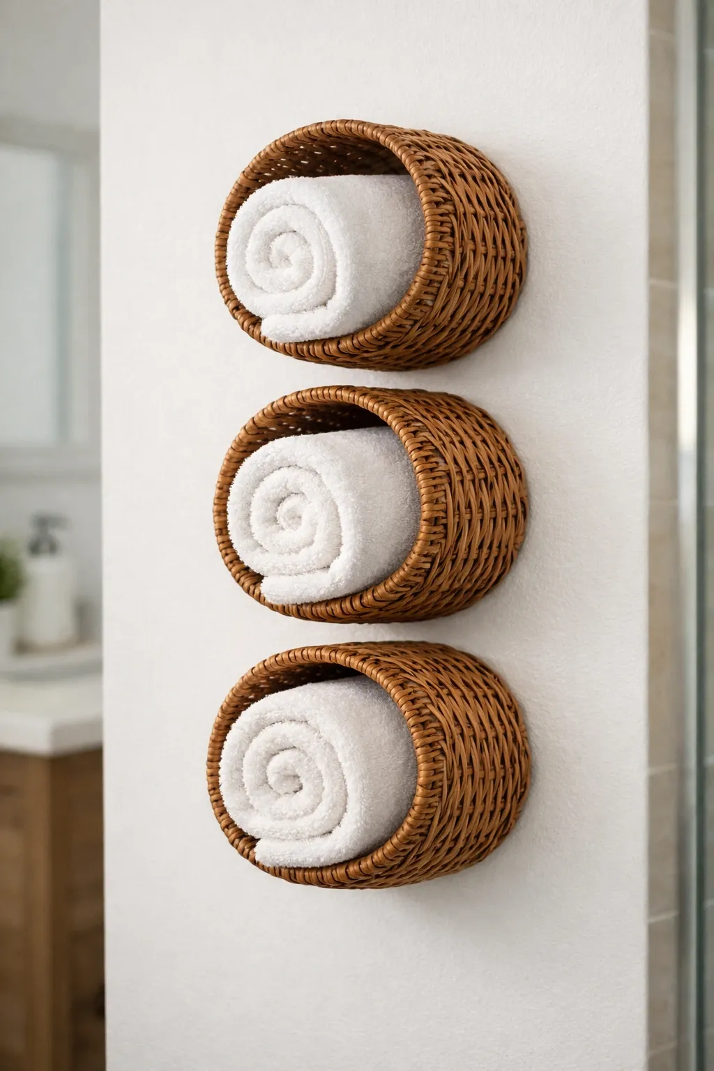 woven basket wall mounts in a bathroom