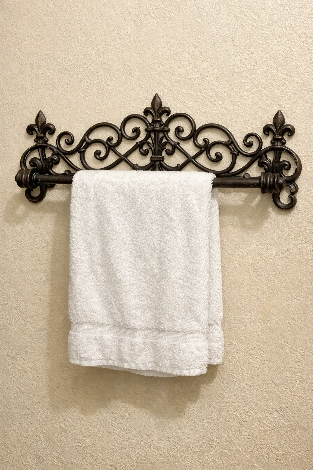 wrought iron scrollwork rack in a bathroom
