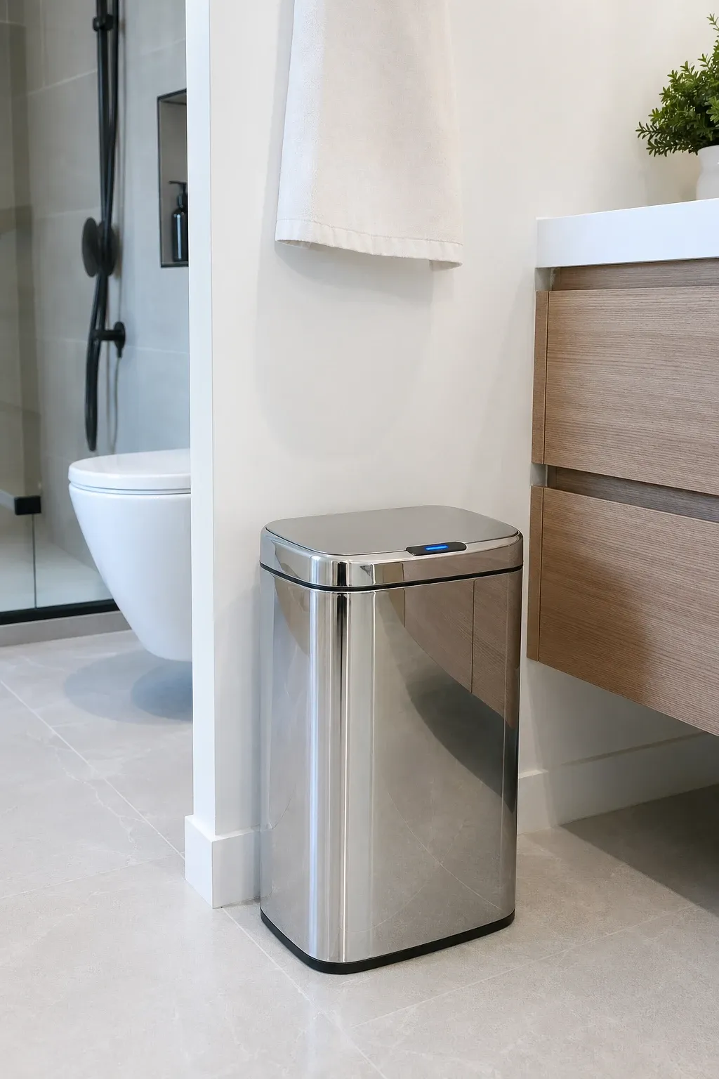 bamboo swing-top can in a bathroom