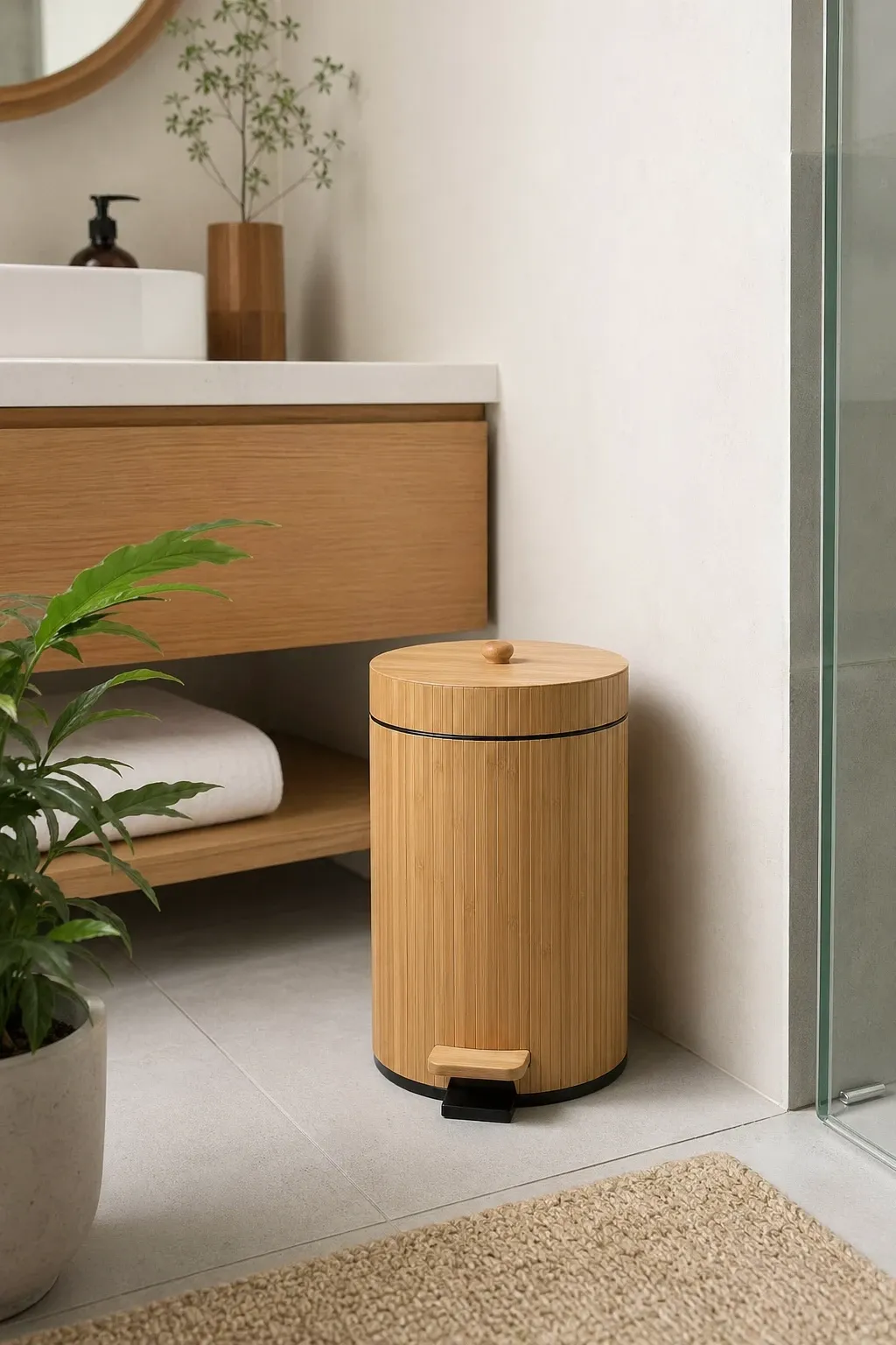 concrete cylindrical bin in a bathroom
