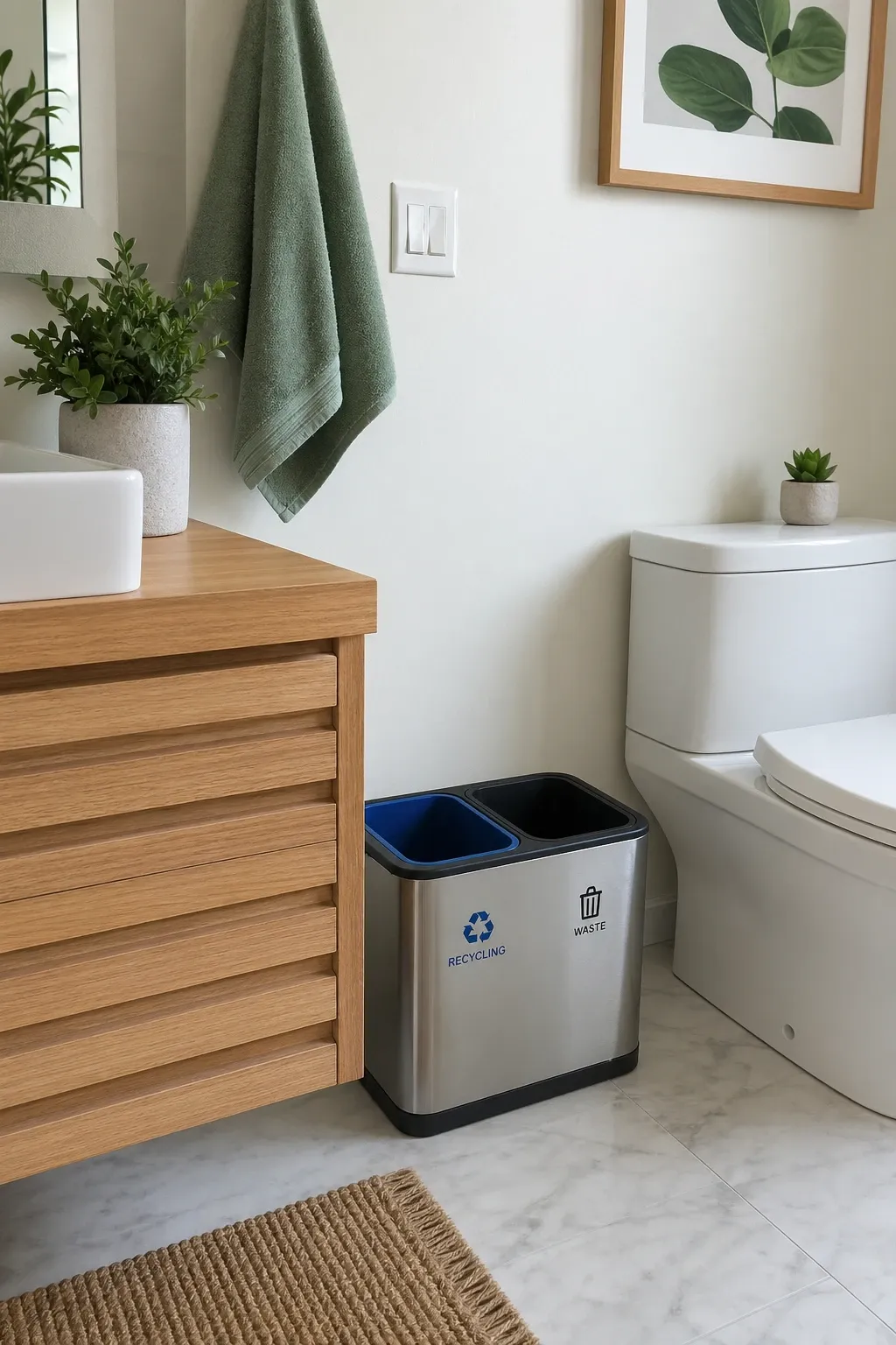 leather-wrapped bin in a bathroom