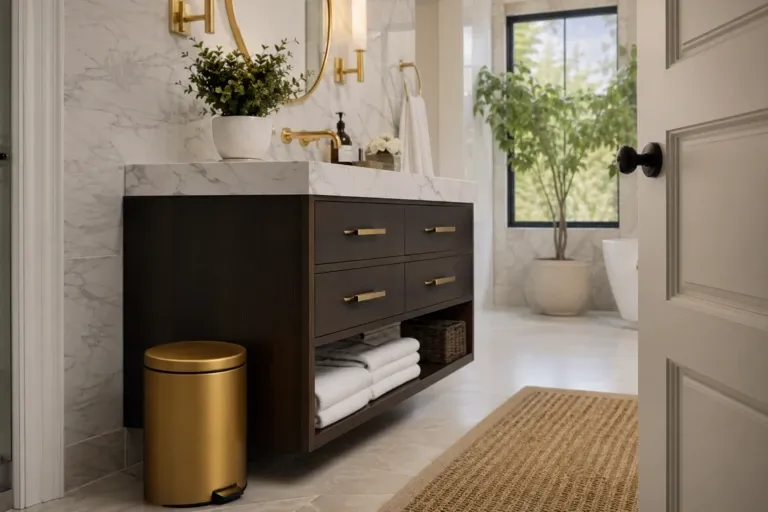 matte black step can in a bathroom