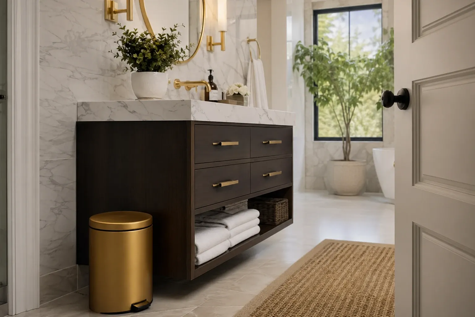 matte black step can in a bathroom