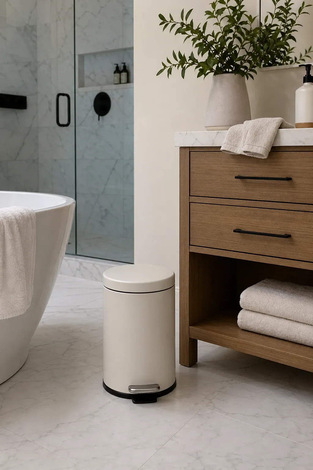 miniature pedal bin in a bathroom