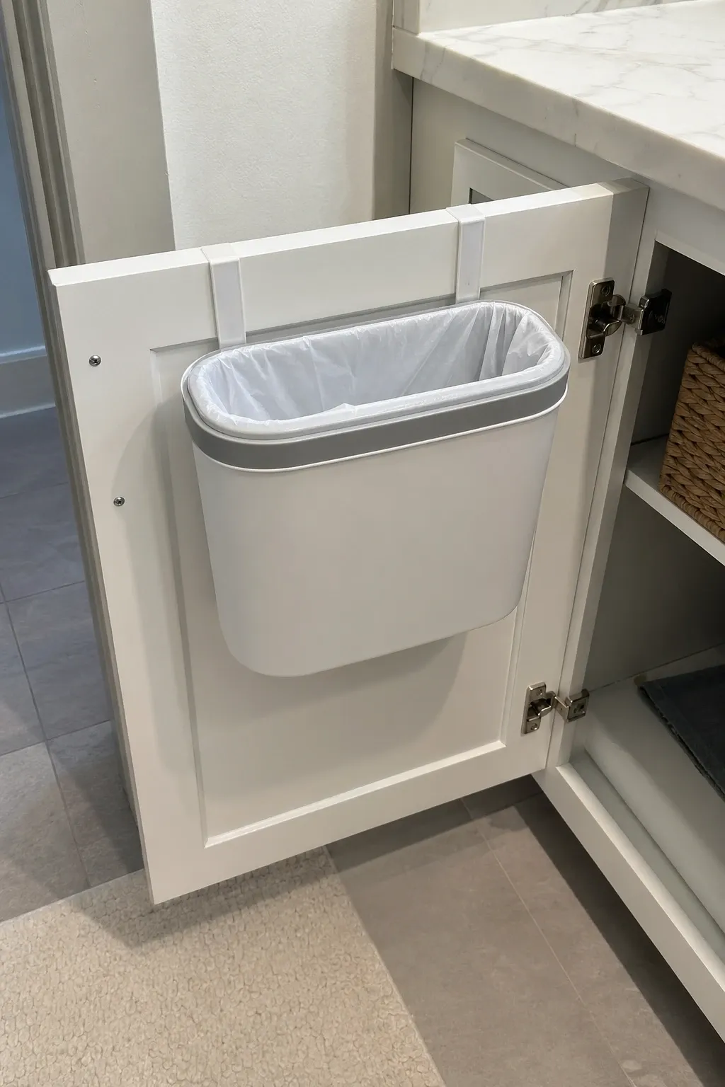 terrazzo print can in a bathroom