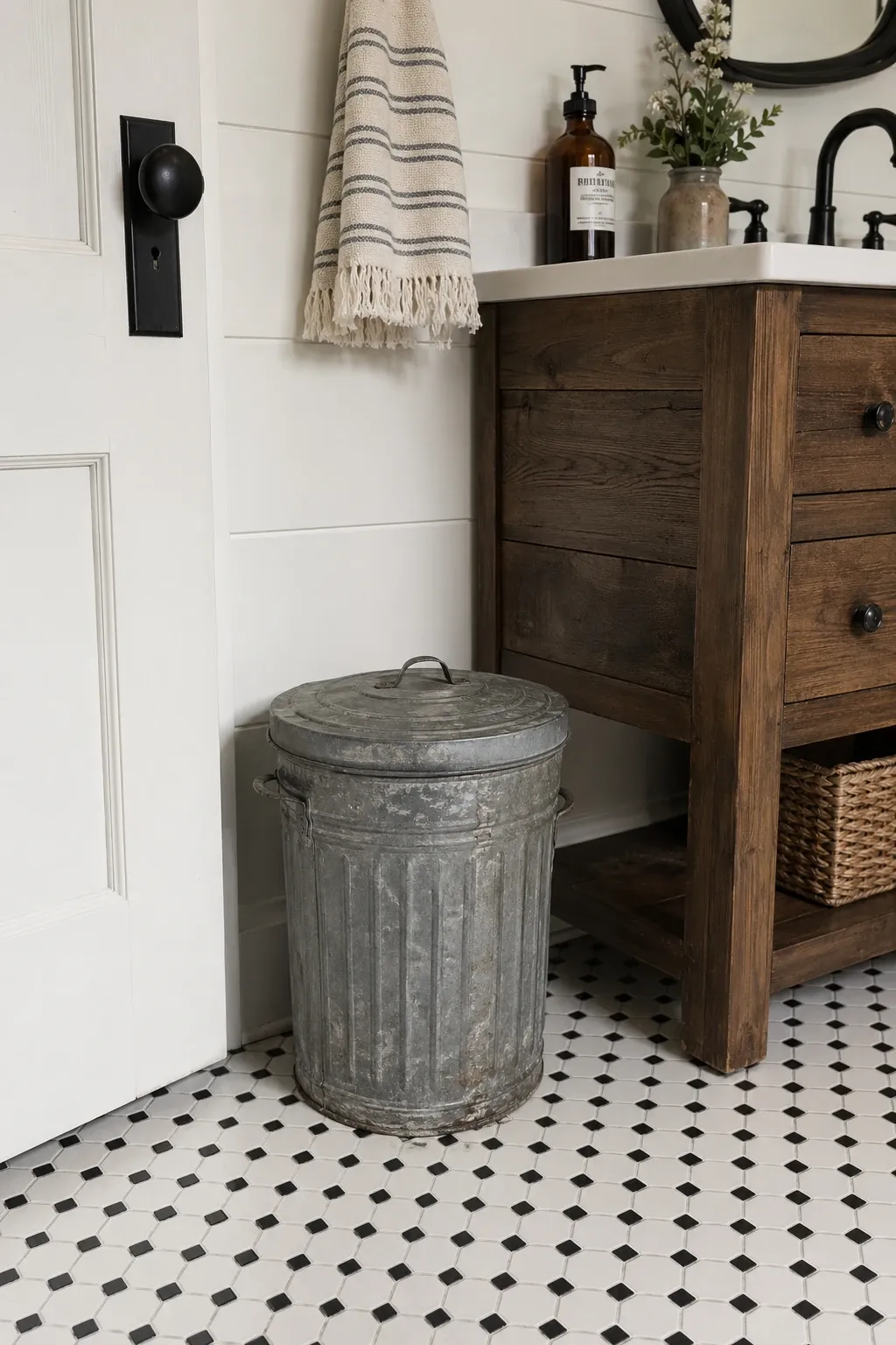 terrazzo print can in a bathroom