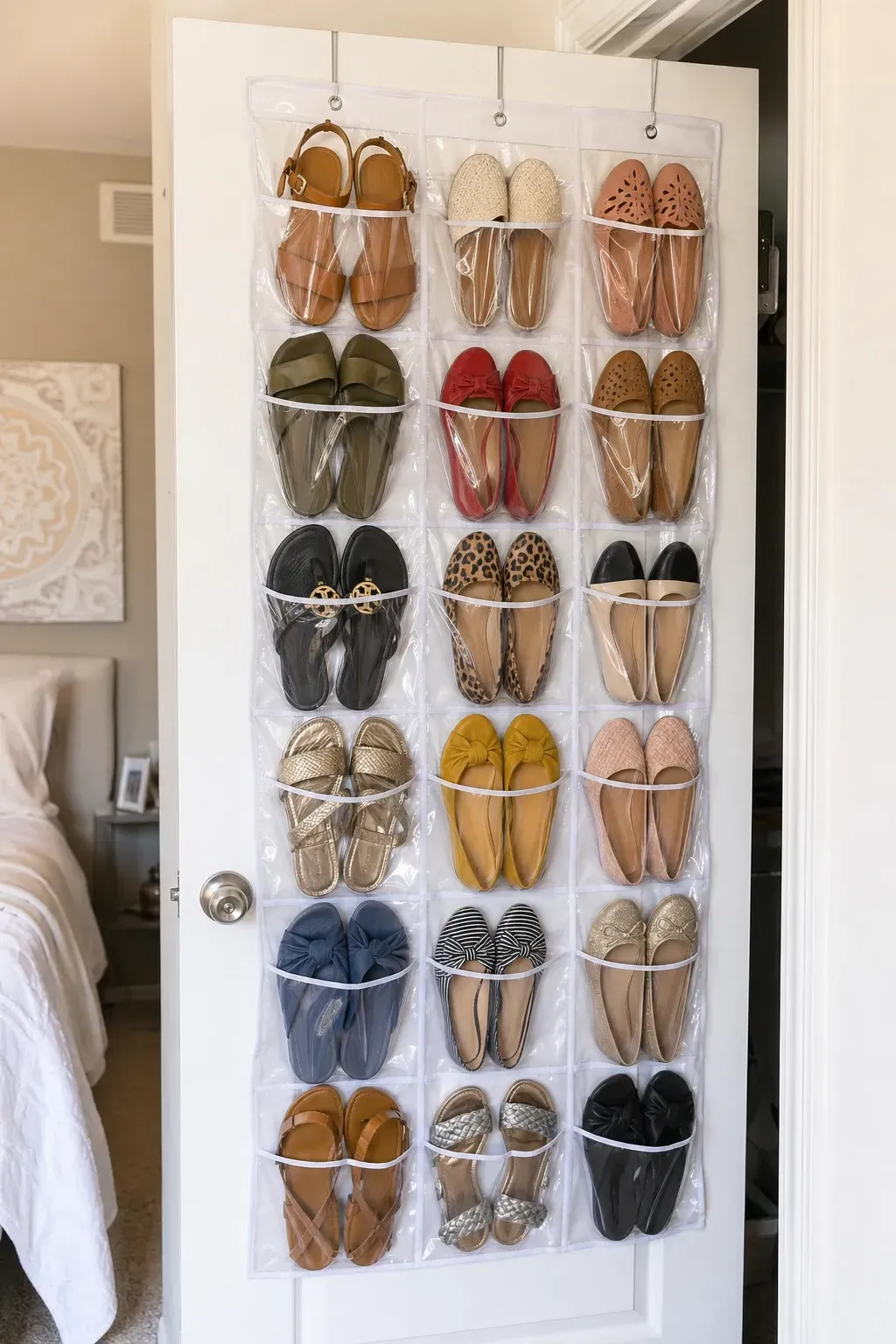 cubbies and shoe racks in a bedroom