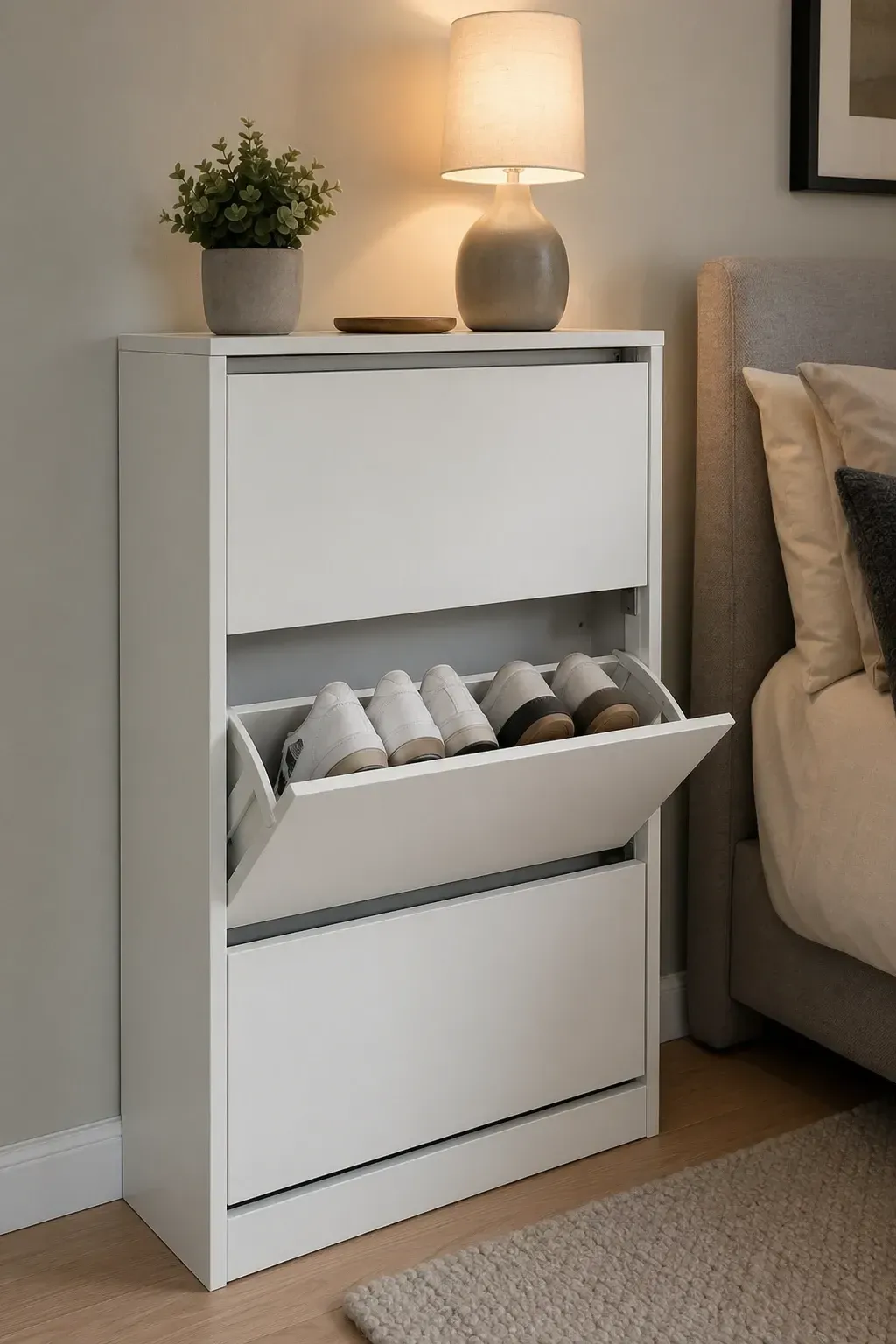 hanging shoe organizer on closet rod in a bedroom