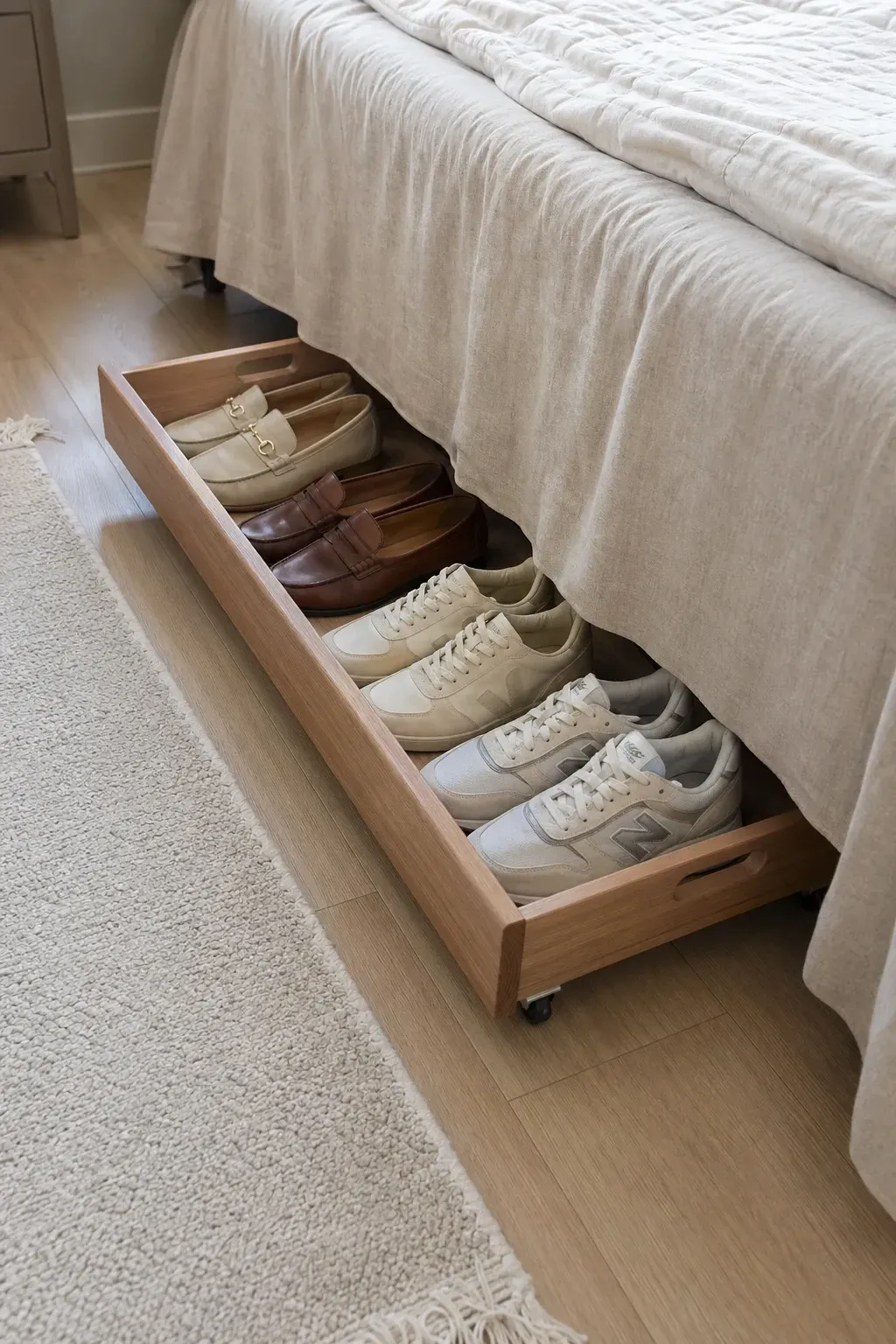 shoe storage bench in a bedroom