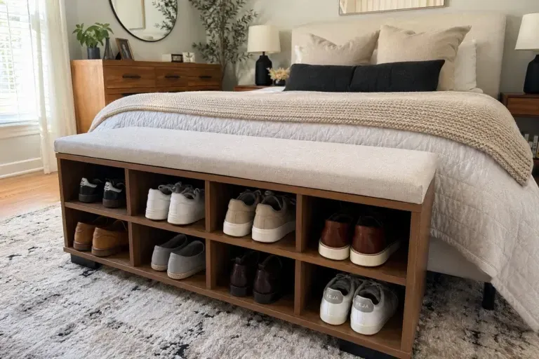 under-bed shoe storage in a bedroom