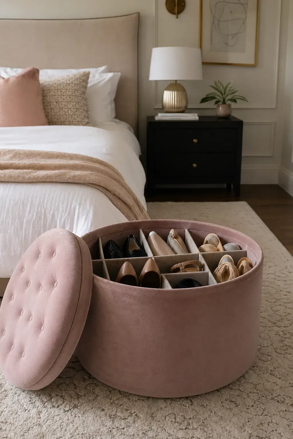 wall-mounted shoe rack in a bedroom