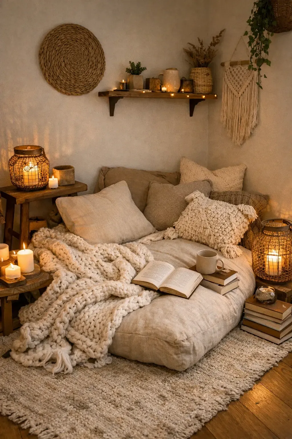 the cozy hygge-boho nook in a bedroom