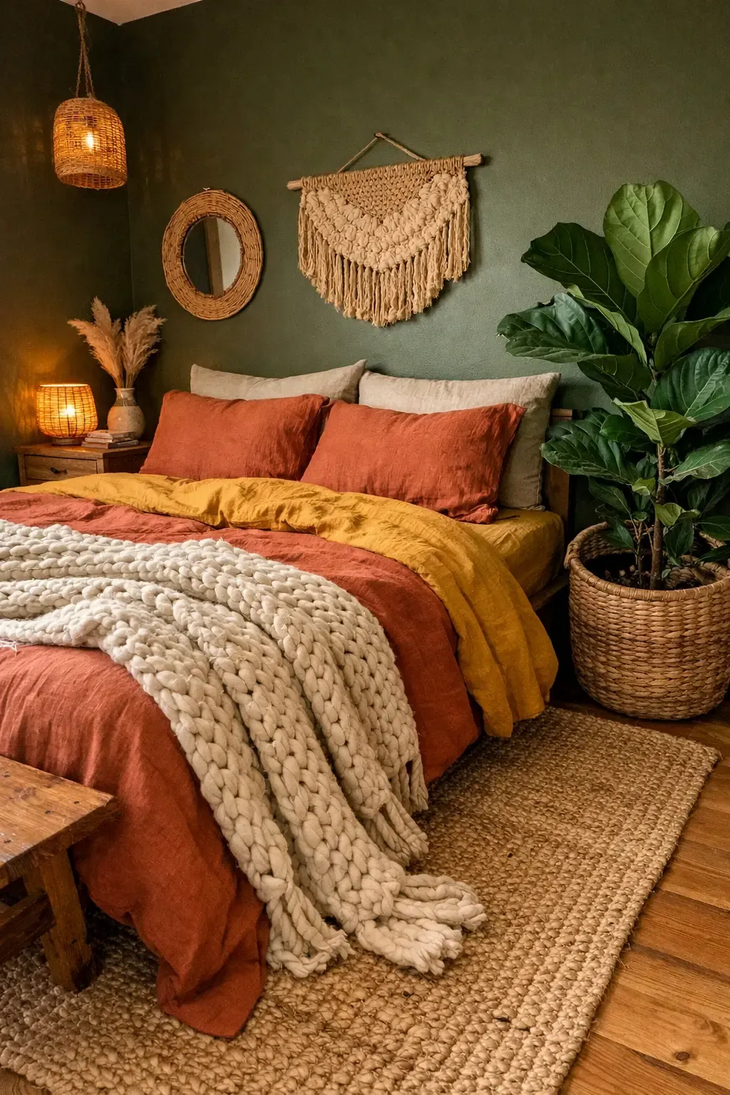 the earthy olive escape in a bedroom