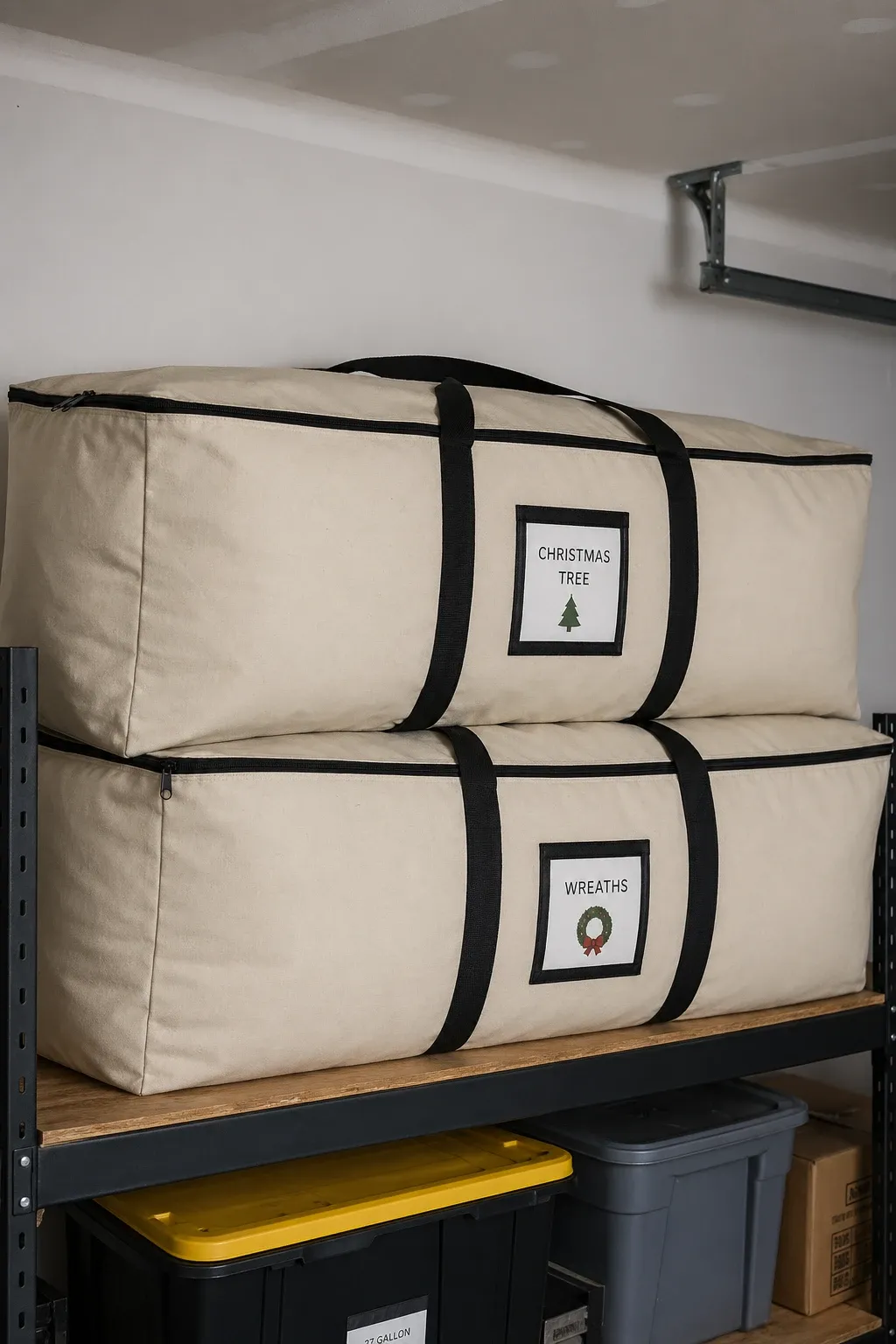 canvas storage bags for seasonal items in a garage