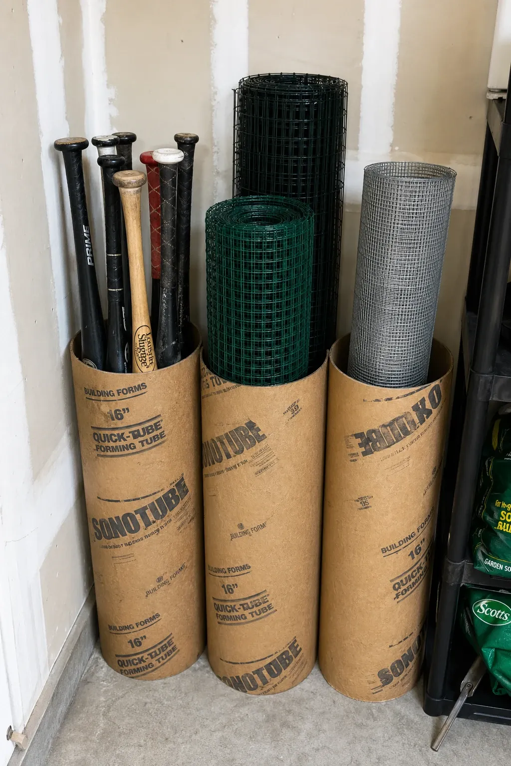 cardboard tube organizers in a garage
