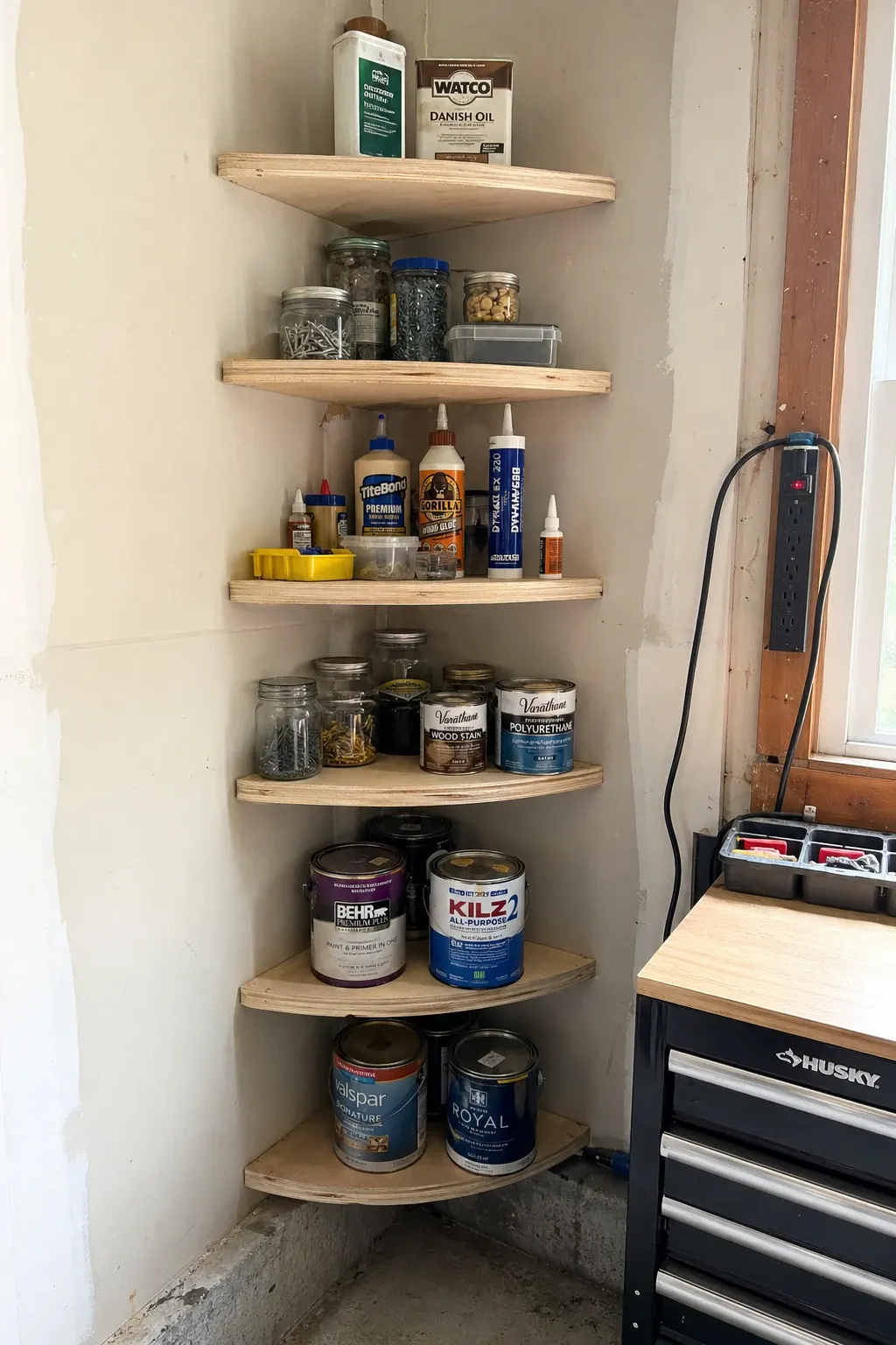 corner shelving unit in a garage