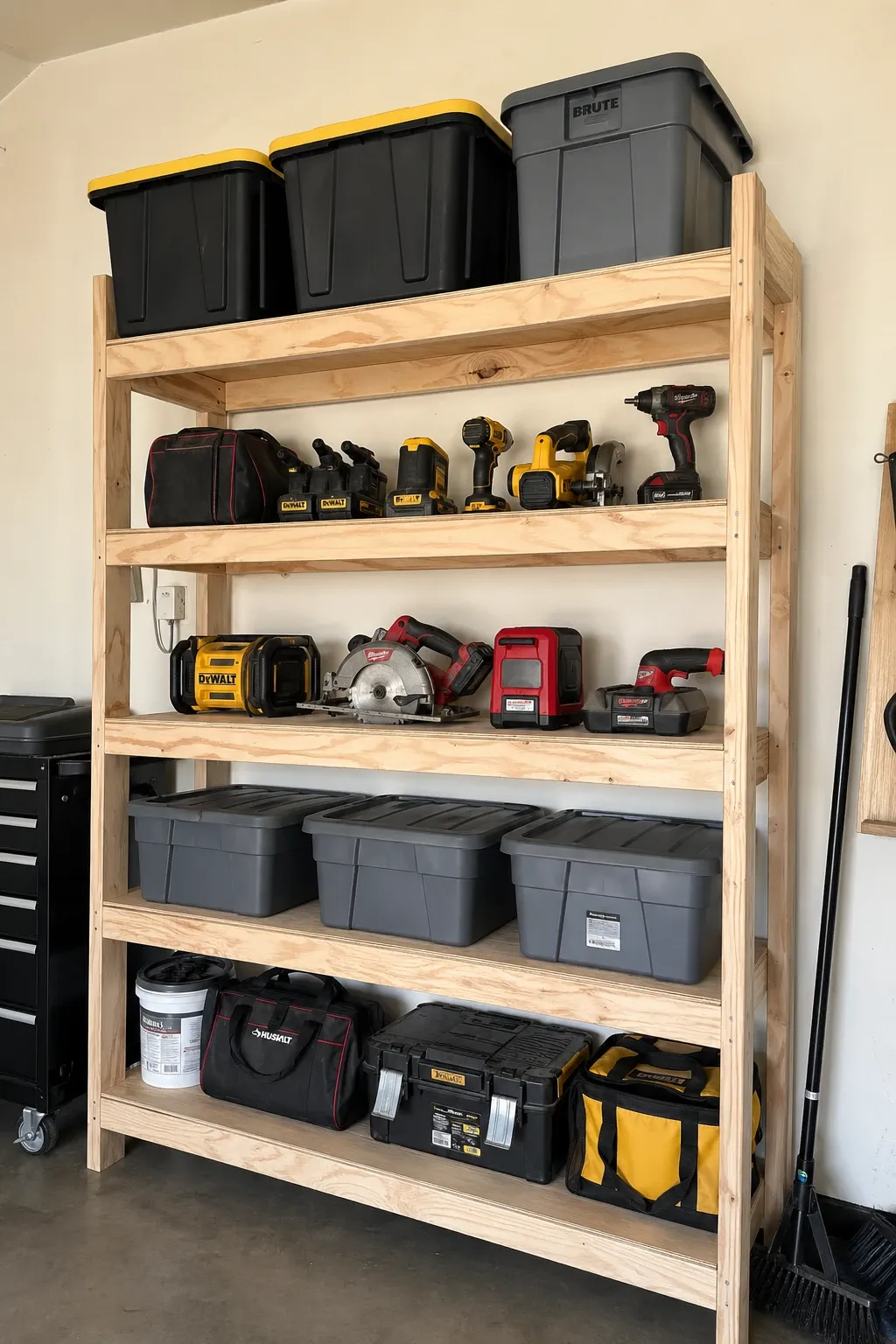 diy plywood wall shelving in a garage
