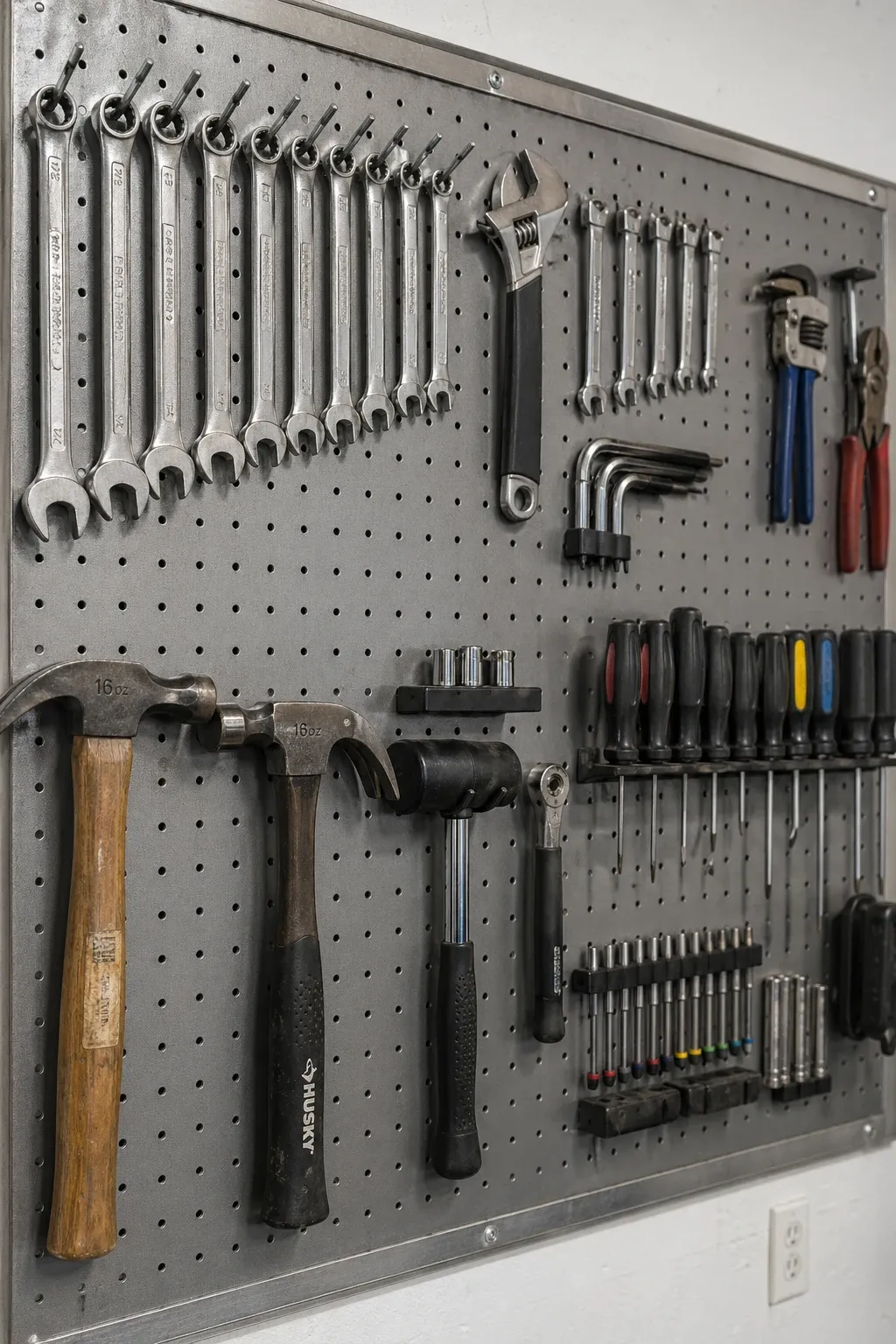pegboard tool organizer in a garage