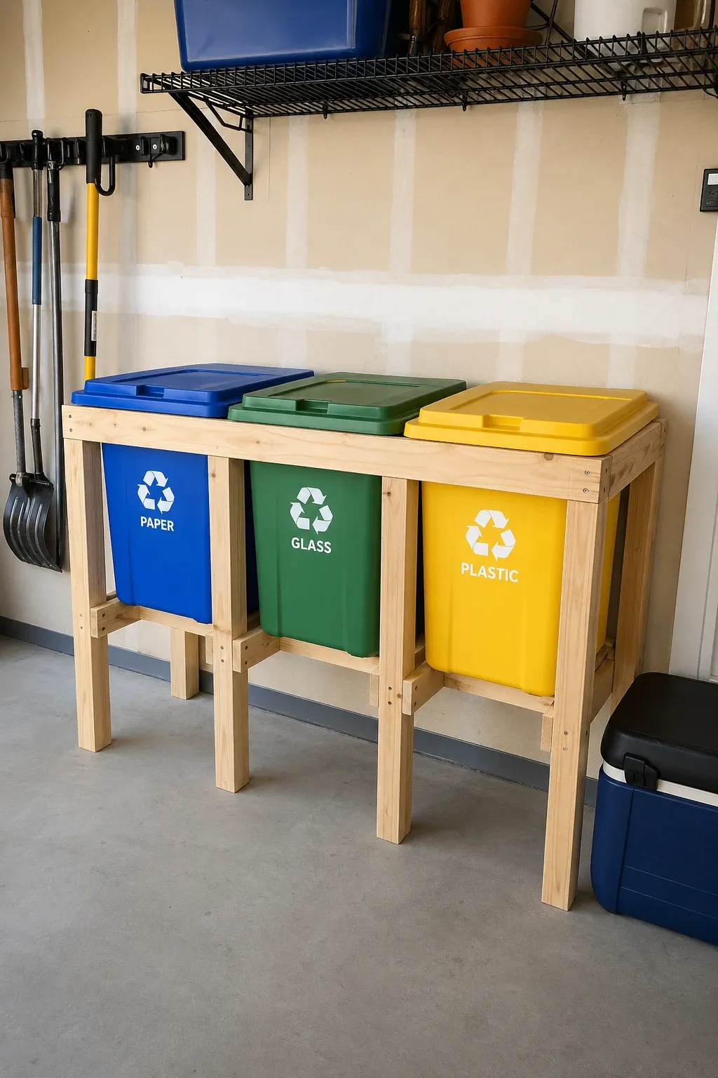 recycling bin rack in a garage