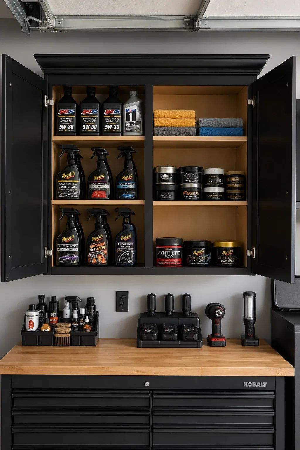 repurposed cabinet for car care products in a garage