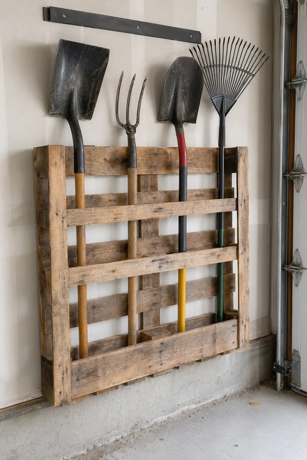 repurposed pallet storage in a garage