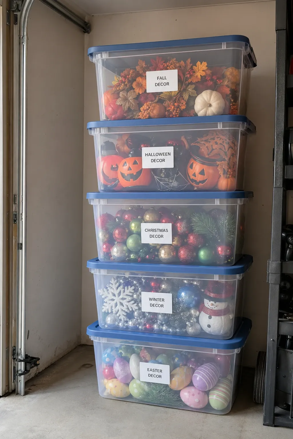 stackable storage bins with lids in a garage
