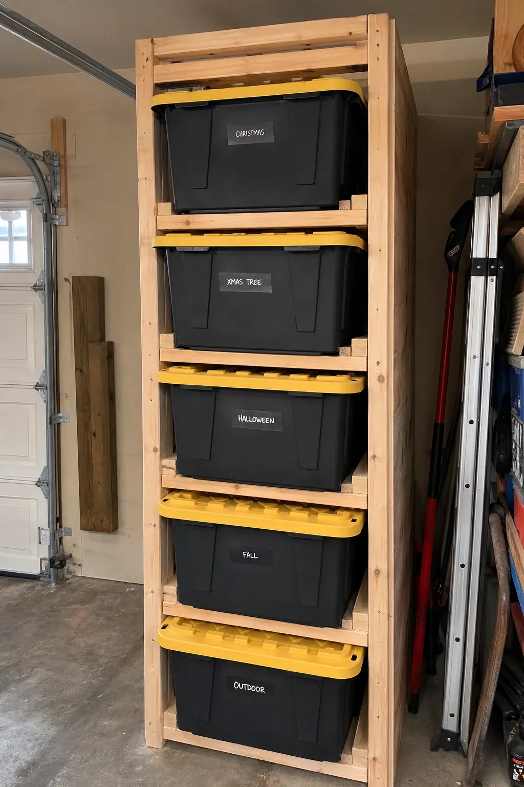vertical bin storage tower in a garage