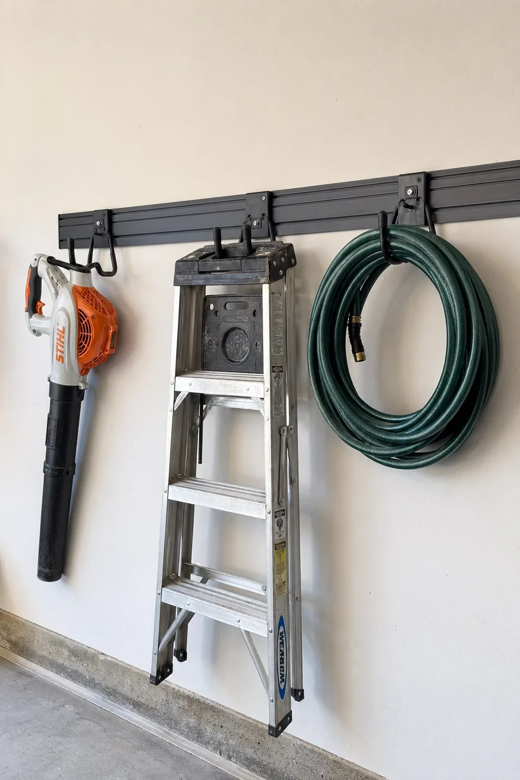 wall-mounted rail system in a garage
