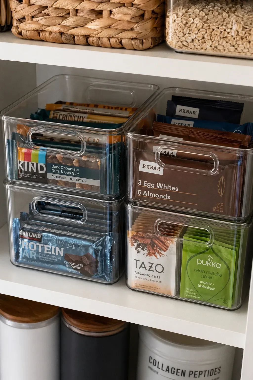 clear stackable bins in a closet