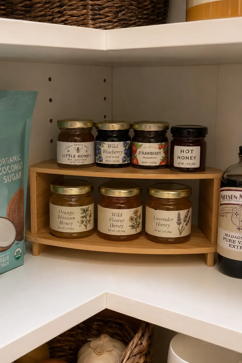 corner shelf risers in a closet