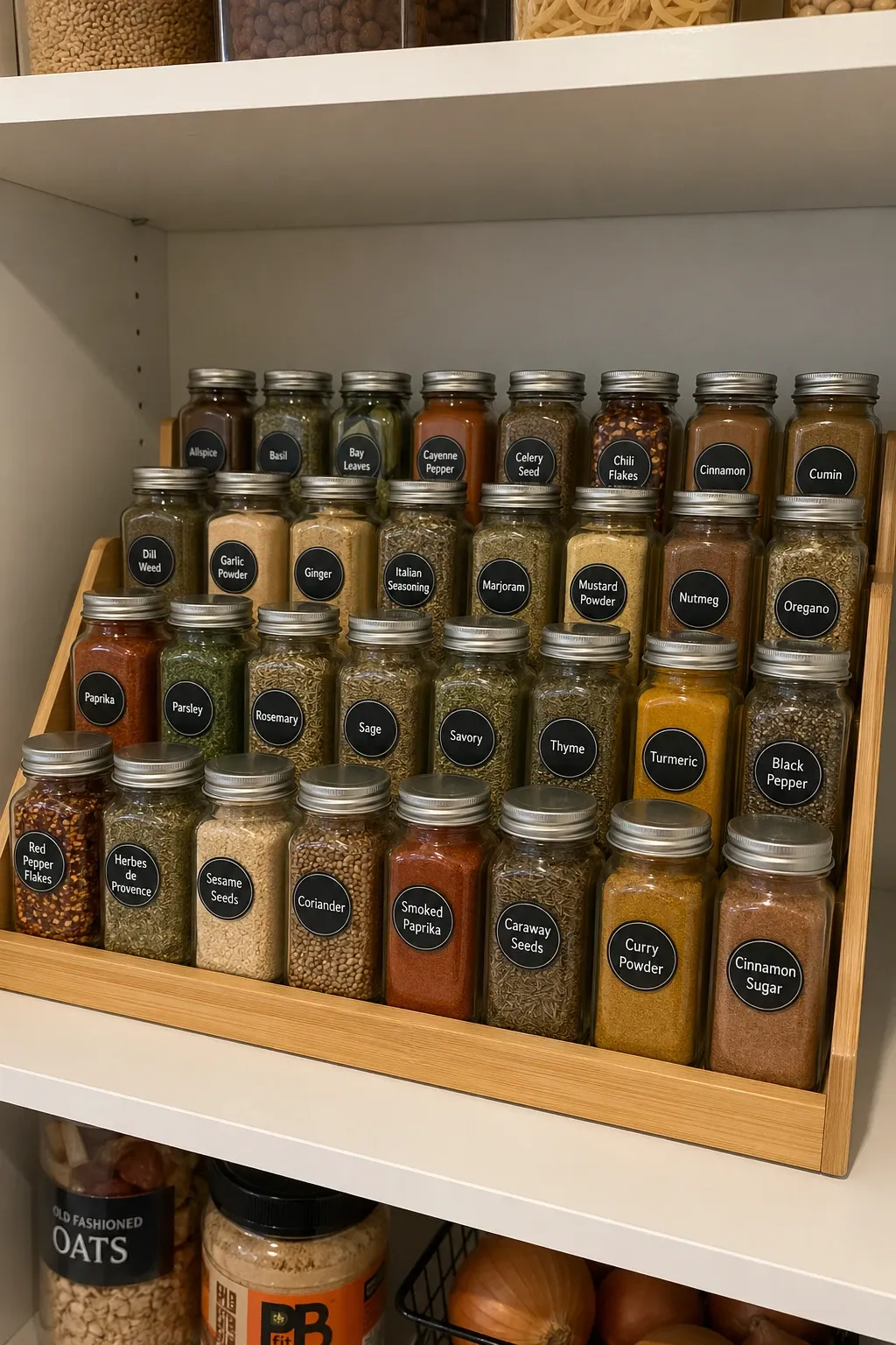 tiered spice organizer in a closet