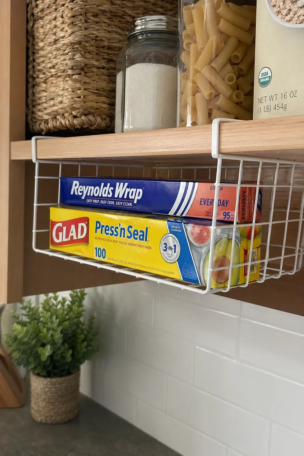 under-shelf baskets in a closet