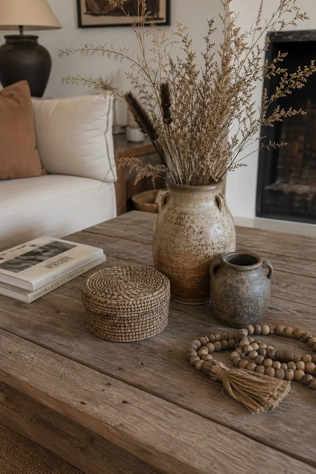 boho dried flowers and rustic pottery