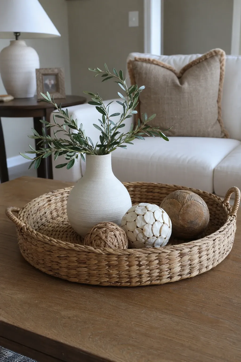 woven tray with decorative spheres