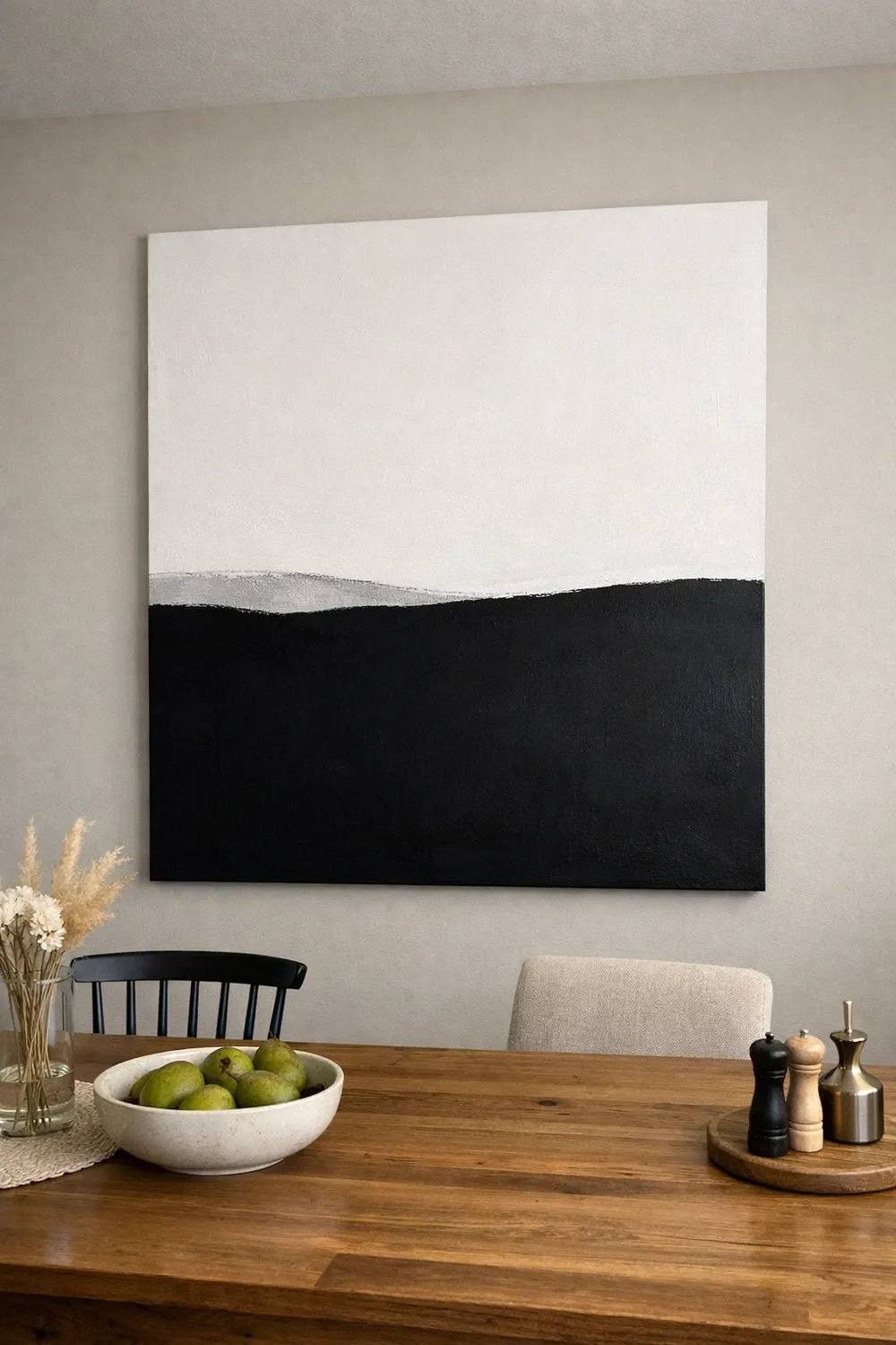 black and white photography in a dining room